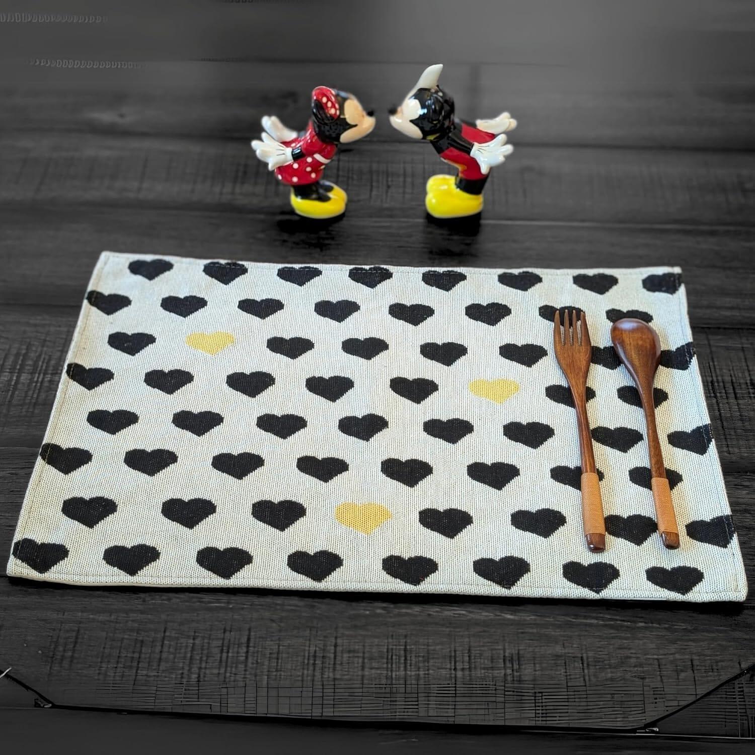 DaDa Bedding Set of 4-Pieces Valentine's day Yellow & Black Hearts Tapestry Dining Table Placemats 13” x 19” (18113) DaDalogy Bedding Collection