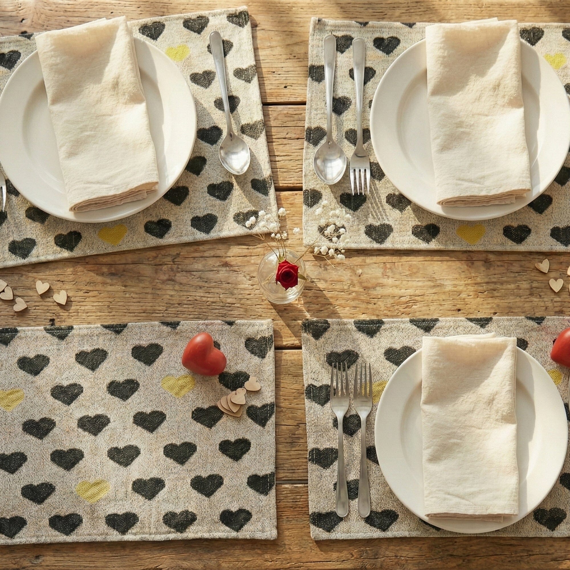 DaDa Bedding Set of 4-Pieces Valentine's day Yellow & Black Hearts Tapestry Dining Table Placemats 13” x 19” (18113)