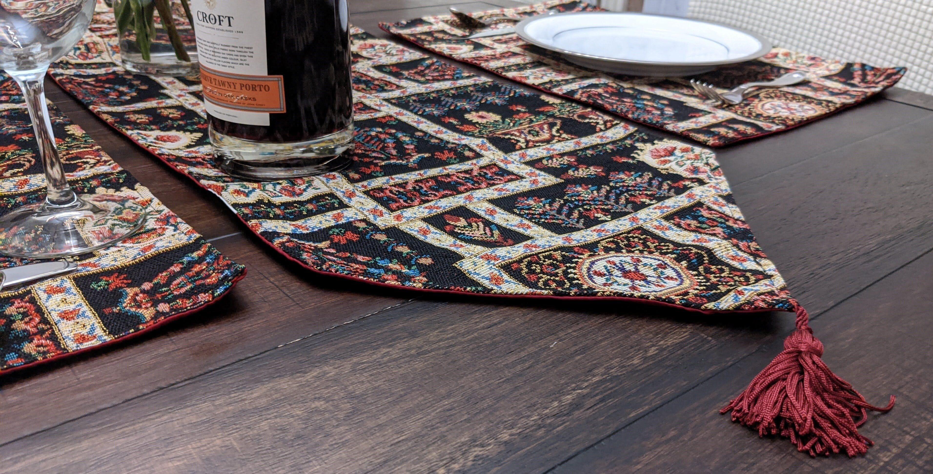 DaDa Bedding Set of 8 Pieces Dark Botanical Mughal Floral Table Woven Black Tapestry - 4 Placemats, 2 Table Runners, 2 Throw Pillow Covers (18197) DaDalogy Bedding Collection