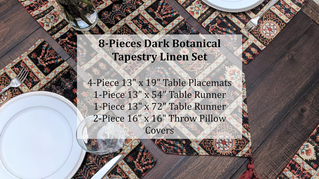 DaDa Bedding Set of 8 Pieces Dark Botanical Mughal Floral Table Woven Black Tapestry - 4 Placemats, 2 Table Runners, 2 Throw Pillow Covers (18197) DaDalogy Bedding Collection