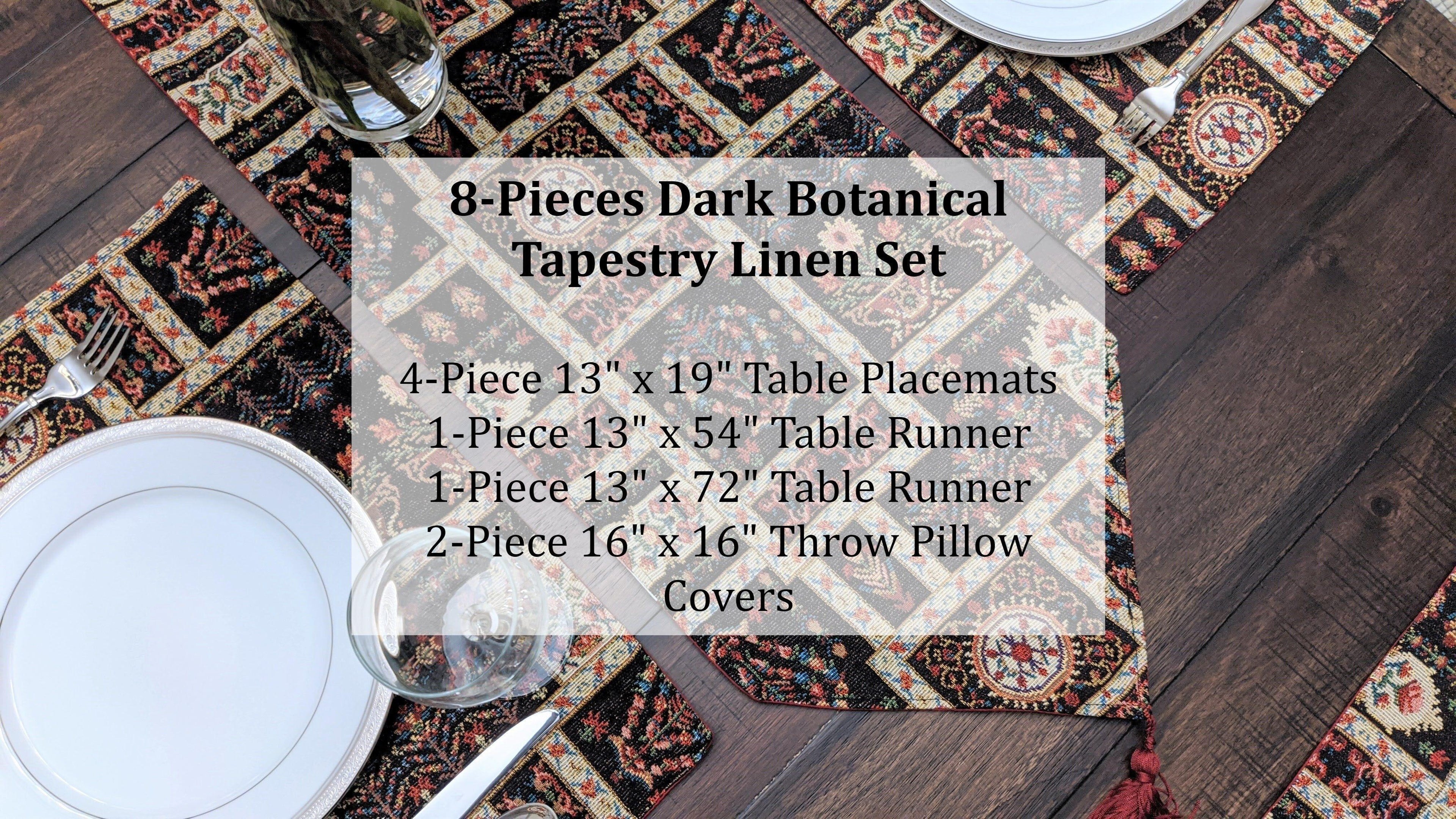 DaDa Bedding Set of 8 Pieces Dark Botanical Mughal Floral Table Woven Black Tapestry - 4 Placemats, 2 Table Runners, 2 Throw Pillow Covers (18197) DaDalogy Bedding Collection