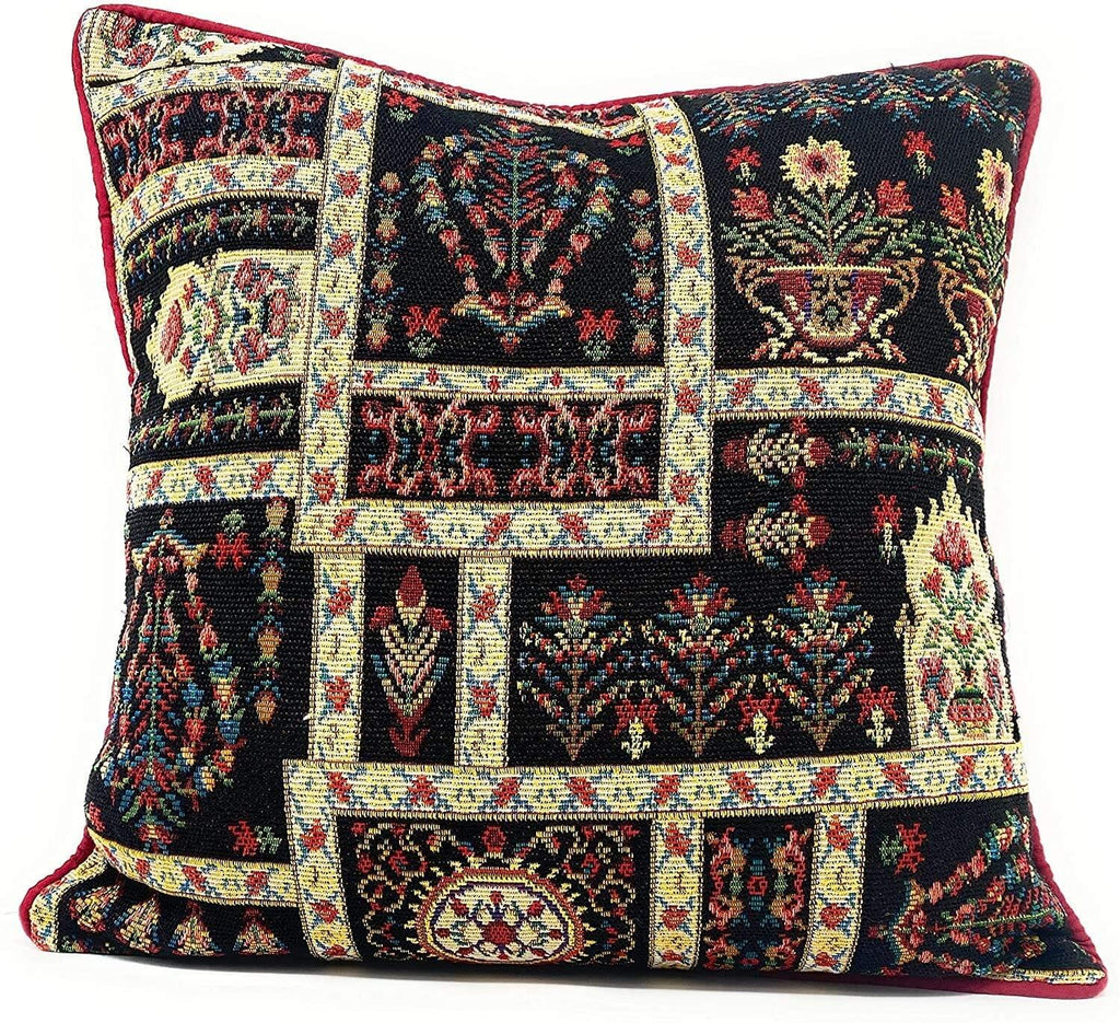 DaDa Bedding Set of 8 Pieces Dark Botanical Mughal Floral Table Woven Black Tapestry - 4 Placemats, 2 Table Runners, 2 Throw Pillow Covers (18197) DaDalogy Bedding Collection