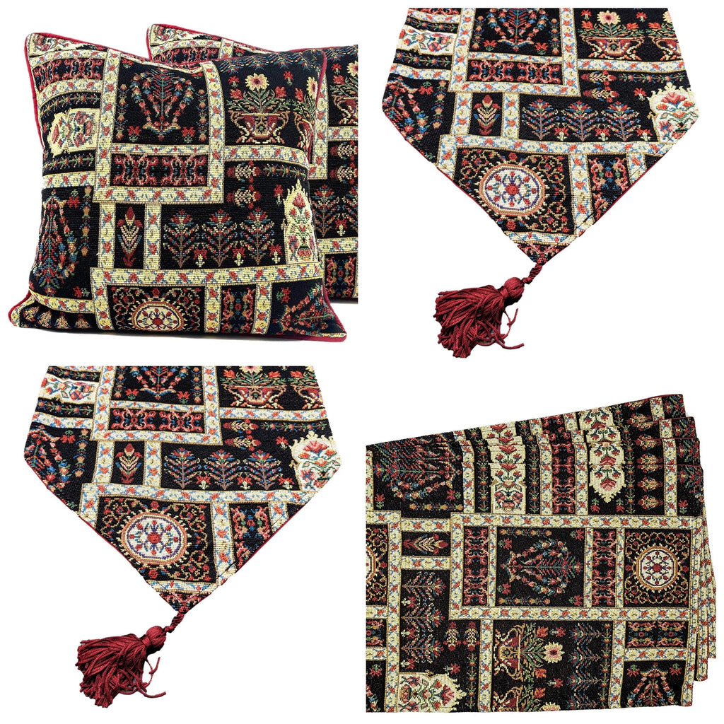 DaDa Bedding Set of 8 Pieces Dark Botanical Mughal Floral Table Woven Black Tapestry - 4 Placemats, 2 Table Runners, 2 Throw Pillow Covers (18197) DaDalogy Bedding Collection
