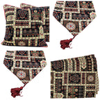 DaDa Bedding Set of 8 Pieces Dark Botanical Mughal Floral Table Woven Black Tapestry - 4 Placemats, 2 Table Runners, 2 Throw Pillow Covers (18197) DaDalogy Bedding Collection