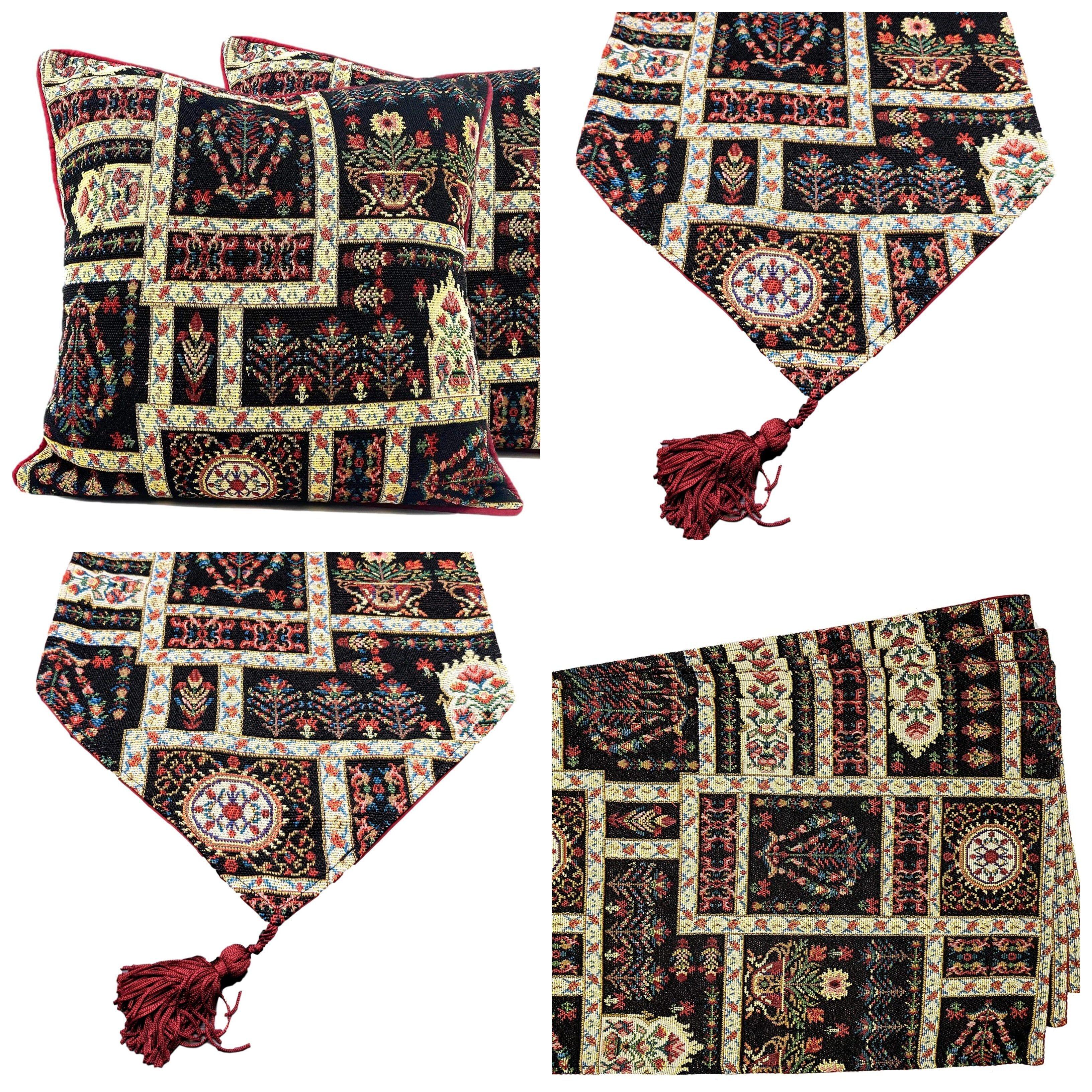 DaDa Bedding Set of 8 Pieces Dark Botanical Mughal Floral Table Woven Black Tapestry - 4 Placemats, 2 Table Runners, 2 Throw Pillow Covers (18197) DaDalogy Bedding Collection