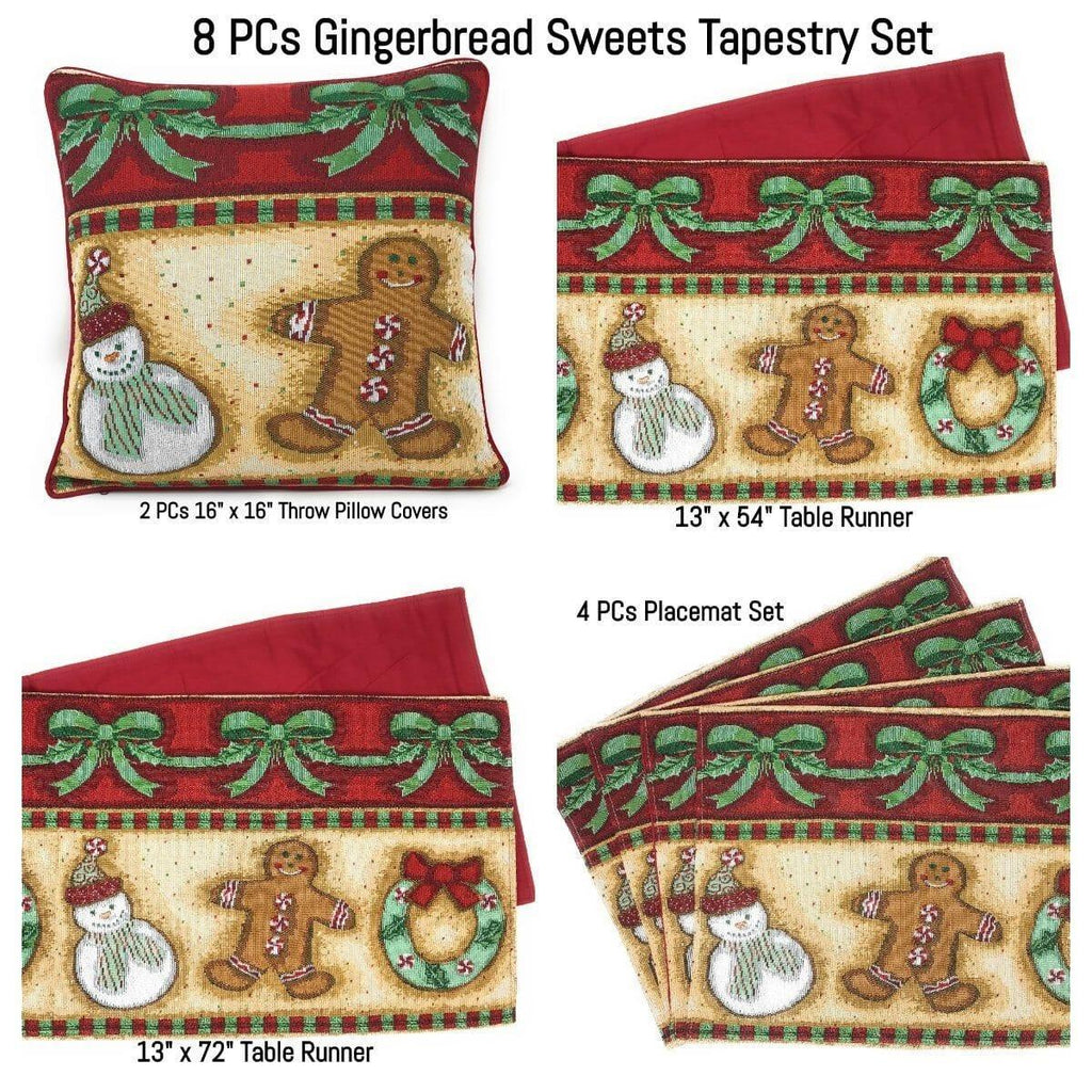 DaDa Bedding Set of 8 Pieces Gingerbread Sweets Holiday Table Tapestry - 4 Placemats, 2 Table Runners, 2 Throw Pillow Covers (12917) DaDalogy Bedding Collection
