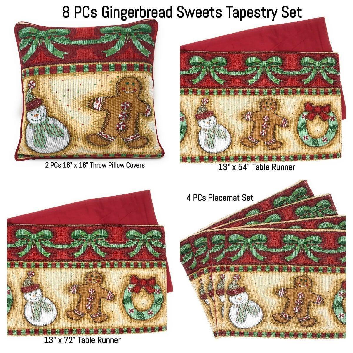 DaDa Bedding Set of 8 Pieces Gingerbread Sweets Holiday Table Tapestry - 4 Placemats, 2 Table Runners, 2 Throw Pillow Covers (12917) DaDalogy Bedding Collection