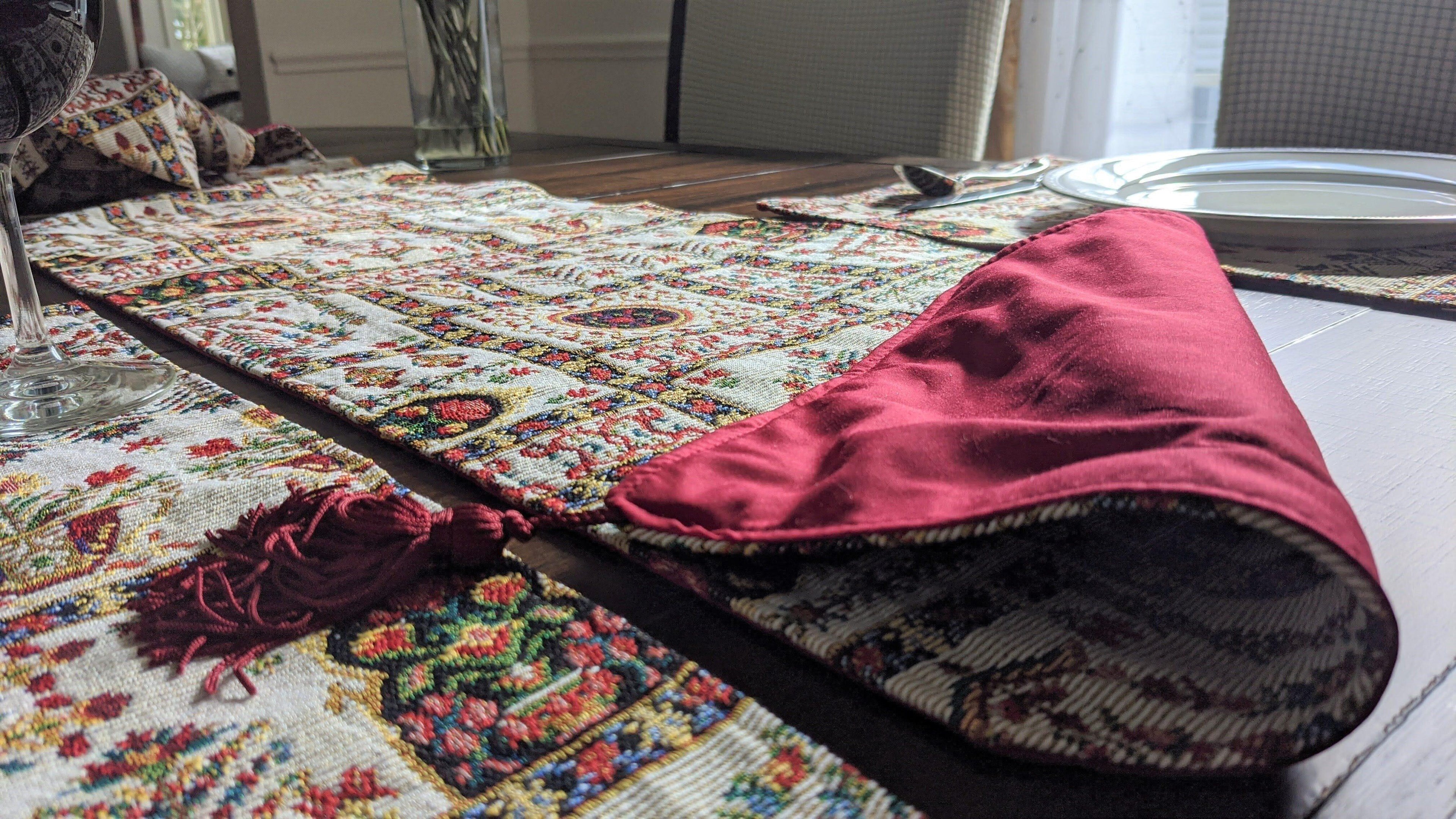 DaDa Bedding Set of 8 Pieces Light Botanical Mughal Floral Table Woven Tapestry - 4 Placemats, 2 Table Runners, 2 Throw Pillow Covers (18196) DaDalogy Bedding Collection