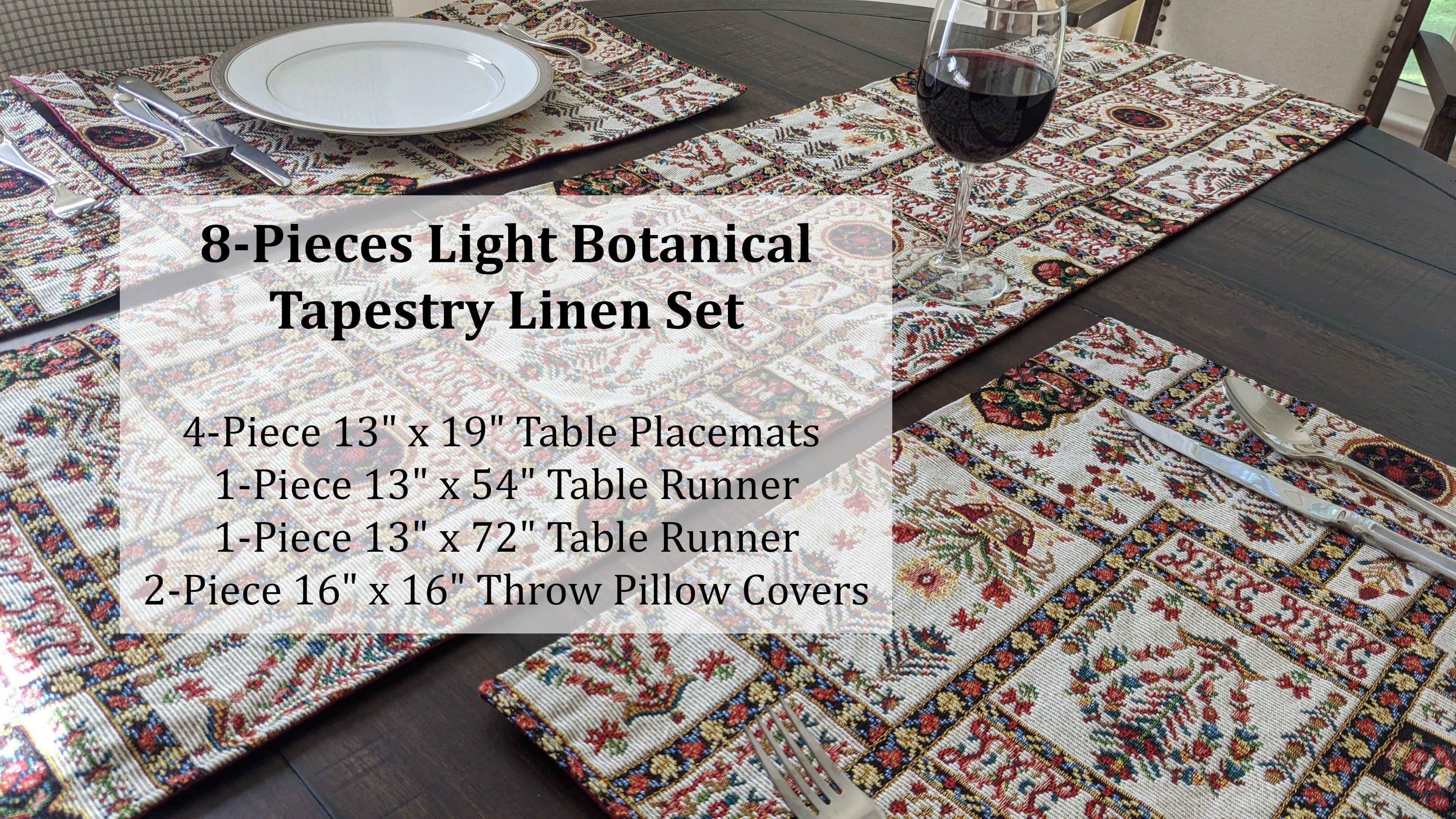 DaDa Bedding Set of 8 Pieces Light Botanical Mughal Floral Table Woven Tapestry - 4 Placemats, 2 Table Runners, 2 Throw Pillow Covers (18196) DaDalogy Bedding Collection