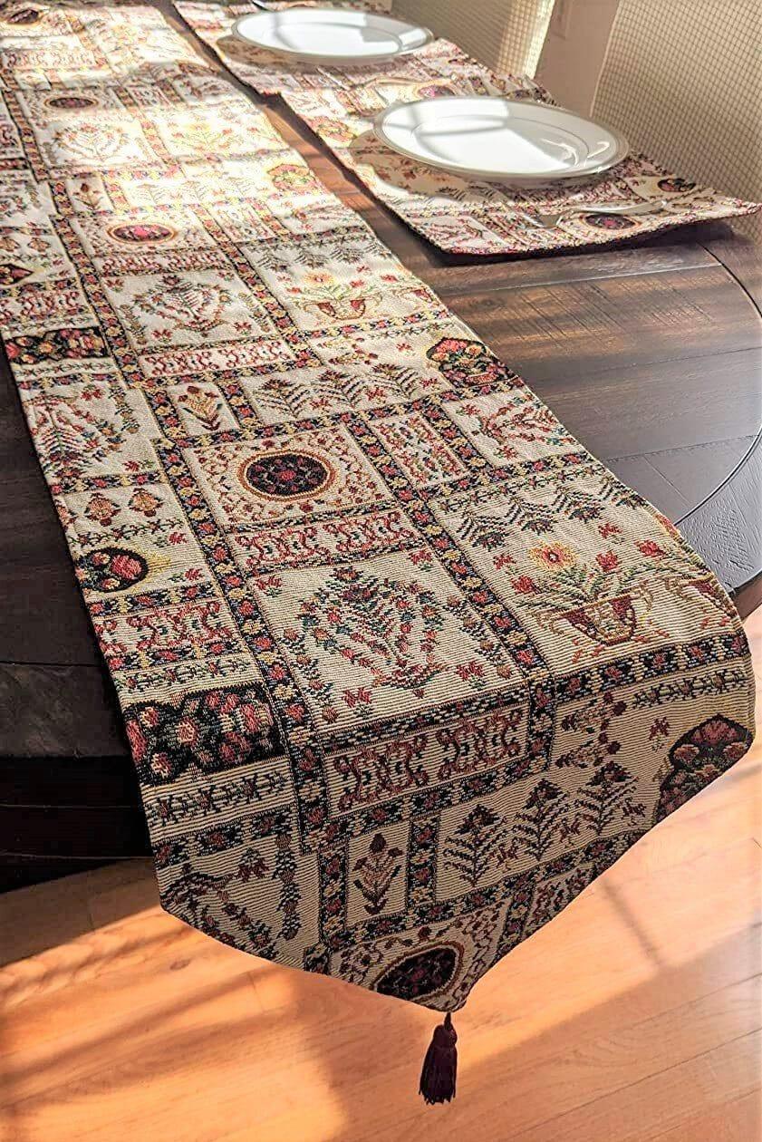 DaDa Bedding Set of 8 Pieces Light Botanical Mughal Floral Table Woven Tapestry - 4 Placemats, 2 Table Runners, 2 Throw Pillow Covers (18196) DaDalogy Bedding Collection