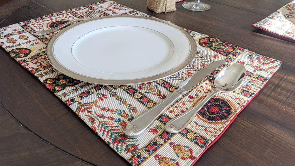 DaDa Bedding Set of 8 Pieces Light Botanical Mughal Floral Table Woven Tapestry - 4 Placemats, 2 Table Runners, 2 Throw Pillow Covers (18196) DaDalogy Bedding Collection