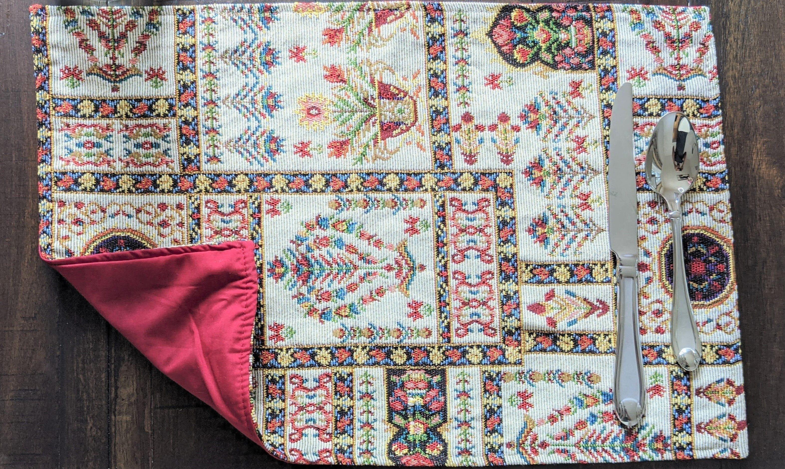 DaDa Bedding Set of 8 Pieces Light Botanical Mughal Floral Table Woven Tapestry - 4 Placemats, 2 Table Runners, 2 Throw Pillow Covers (18196) DaDalogy Bedding Collection