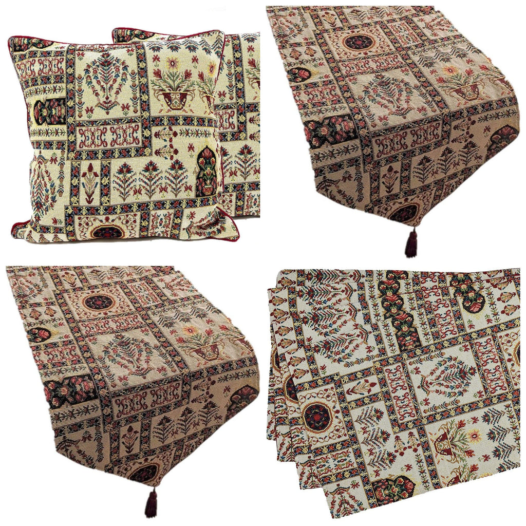 DaDa Bedding Set of 8 Pieces Light Botanical Mughal Floral Table Woven Tapestry - 4 Placemats, 2 Table Runners, 2 Throw Pillow Covers (18196) DaDalogy Bedding Collection