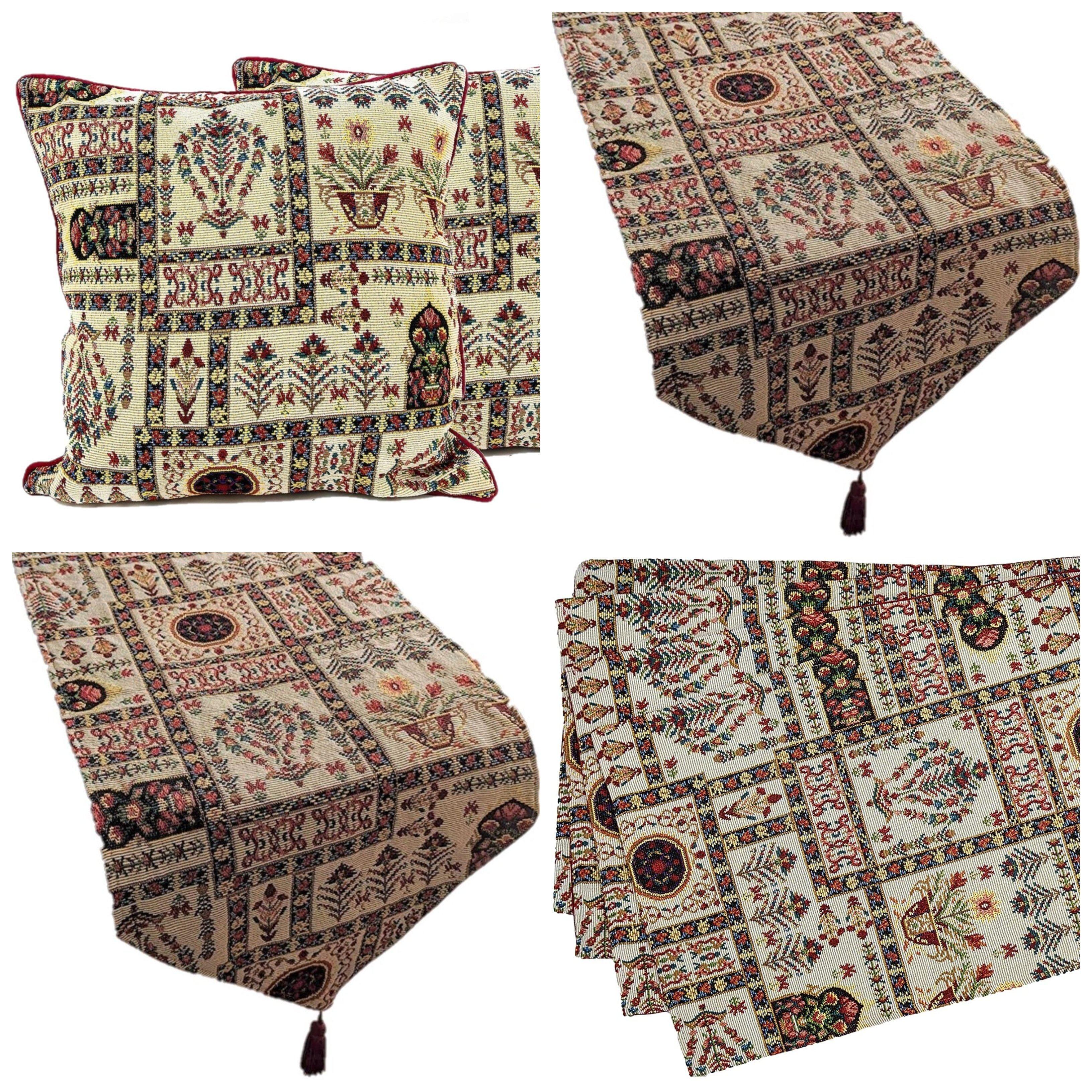 DaDa Bedding Set of 8 Pieces Light Botanical Mughal Floral Table Woven Tapestry - 4 Placemats, 2 Table Runners, 2 Throw Pillow Covers (18196) DaDalogy Bedding Collection
