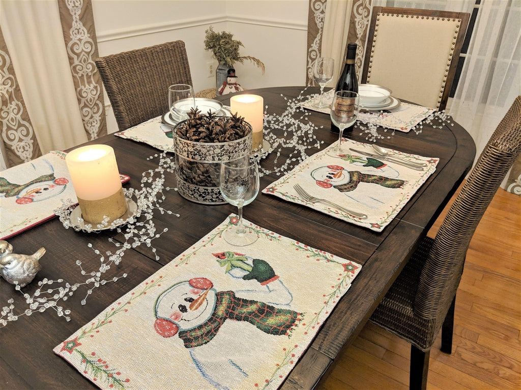 DaDa Bedding Set of 8 Pieces Magical Snowman Holiday Table Tapestry - 4 Placemats, 2 Table Runners, 2 Throw Pillow Covers (9733) DaDalogy Bedding Collection