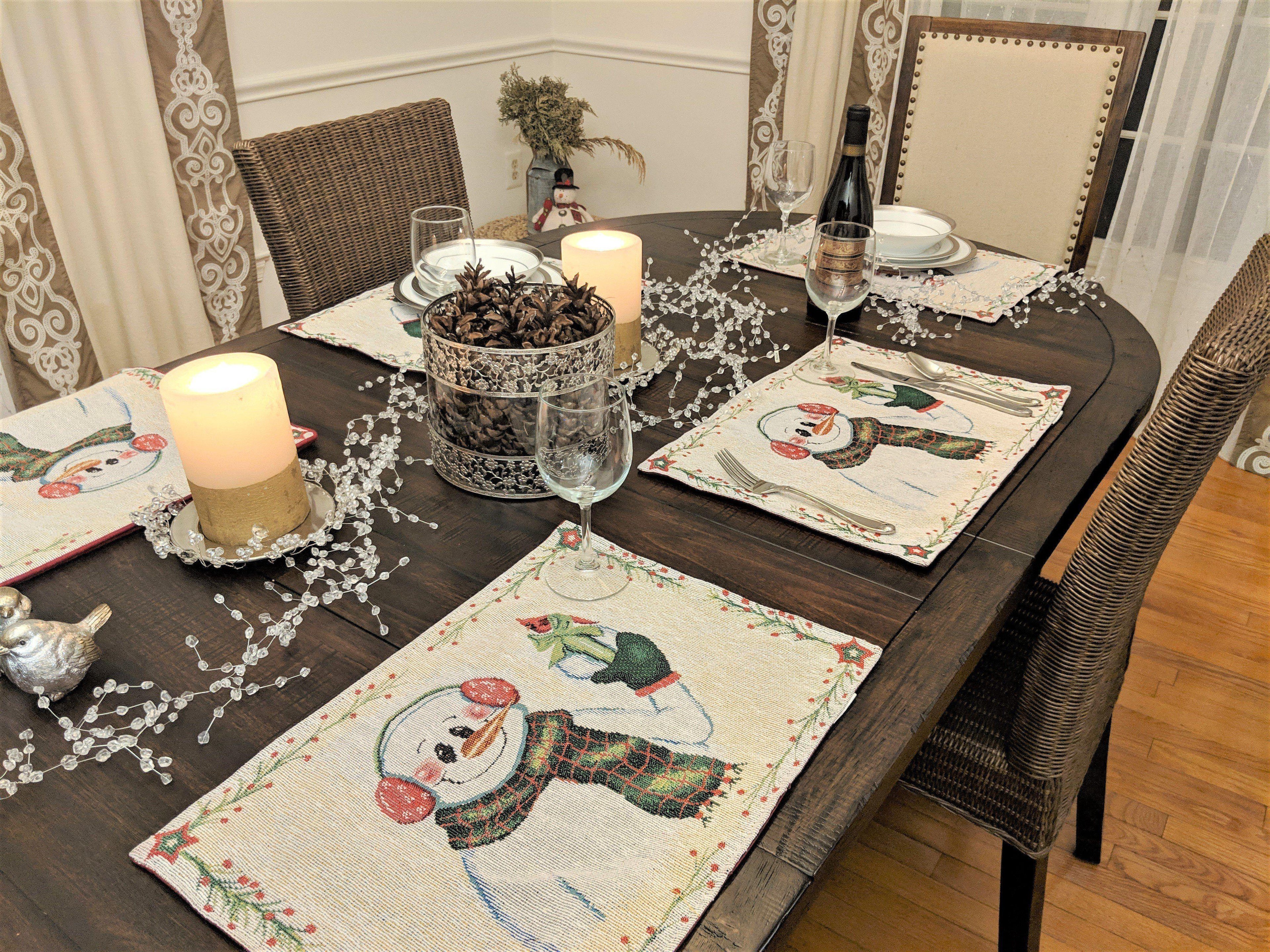 DaDa Bedding Set of 8 Pieces Magical Snowman Holiday Table Tapestry - 4 Placemats, 2 Table Runners, 2 Throw Pillow Covers (9733) DaDalogy Bedding Collection