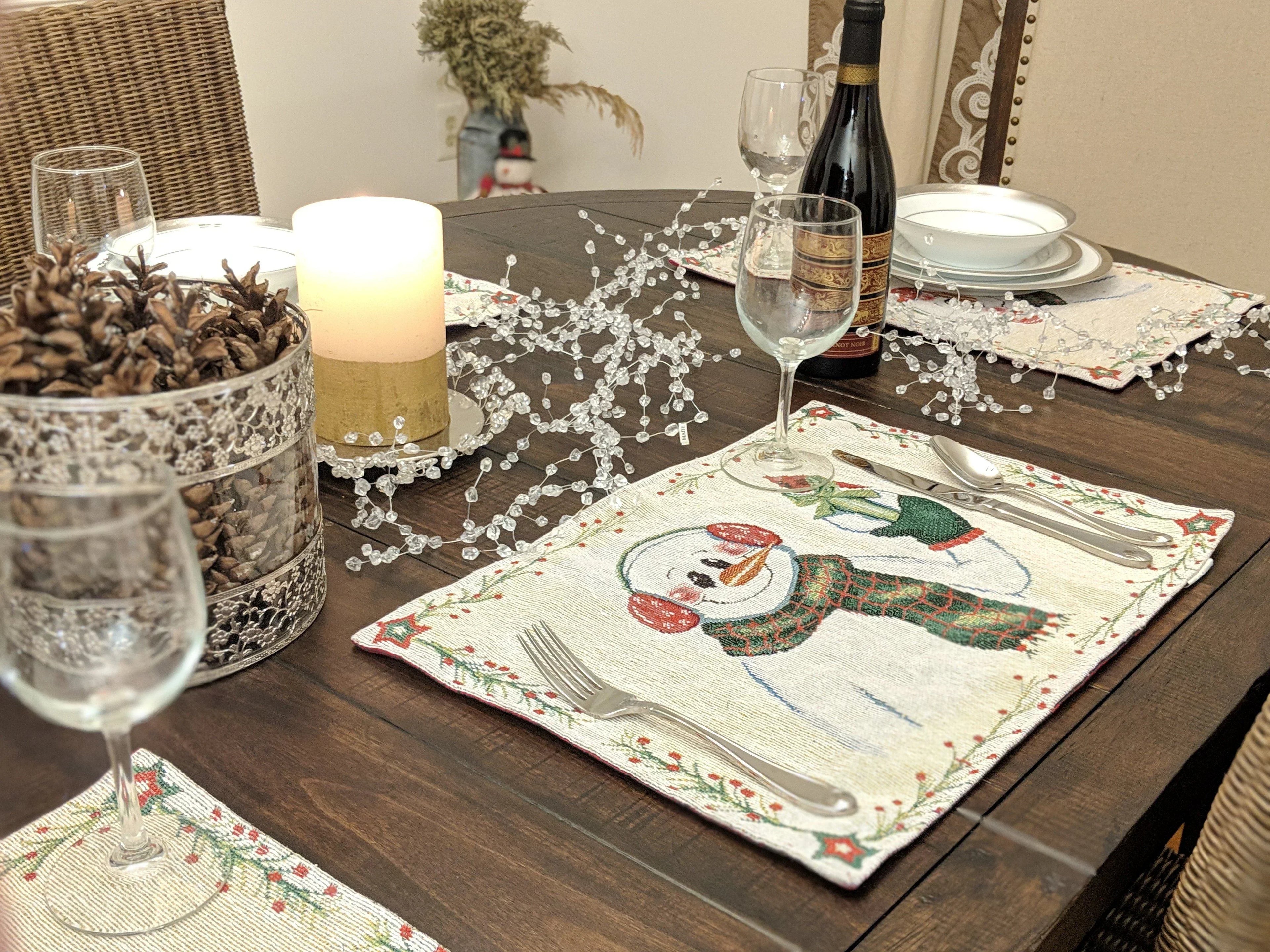 DaDa Bedding Set of 8 Pieces Magical Snowman Holiday Table Tapestry - 4 Placemats, 2 Table Runners, 2 Throw Pillow Covers (9733) DaDalogy Bedding Collection
