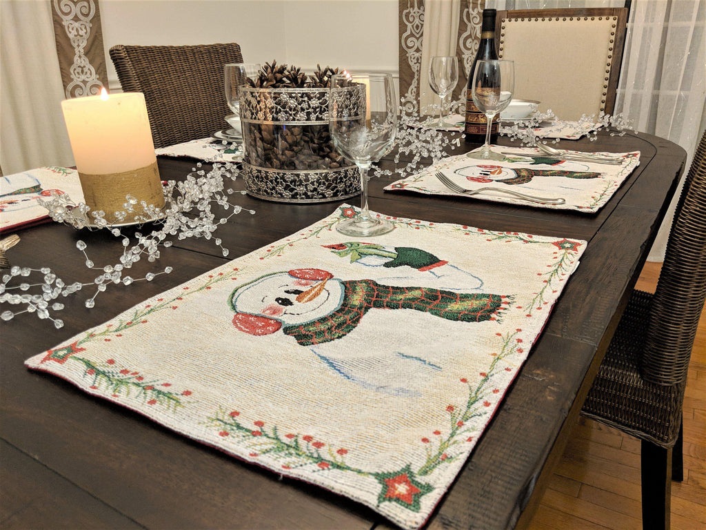 DaDa Bedding Set of 8 Pieces Magical Snowman Holiday Table Tapestry - 4 Placemats, 2 Table Runners, 2 Throw Pillow Covers (9733) DaDalogy Bedding Collection