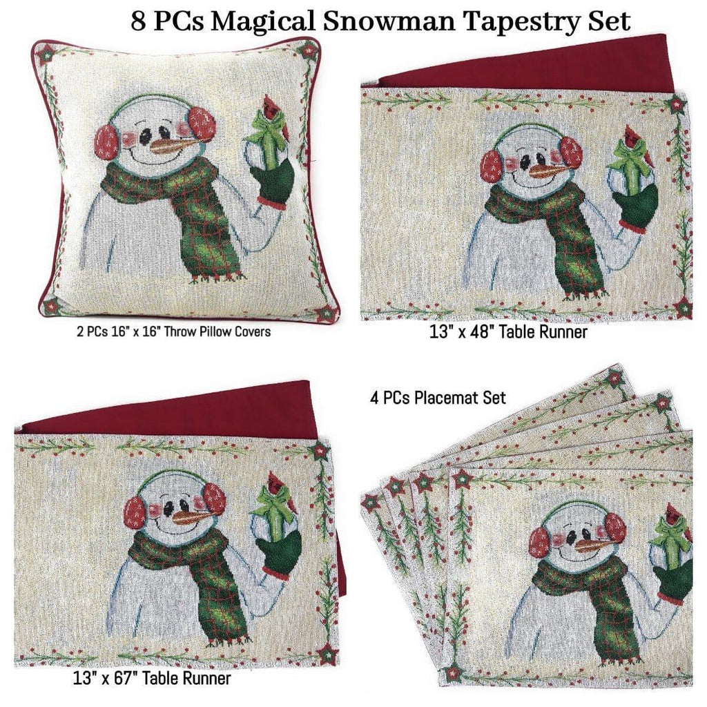 DaDa Bedding Set of 8 Pieces Magical Snowman Holiday Table Tapestry - 4 Placemats, 2 Table Runners, 2 Throw Pillow Covers (9733) DaDalogy Bedding Collection