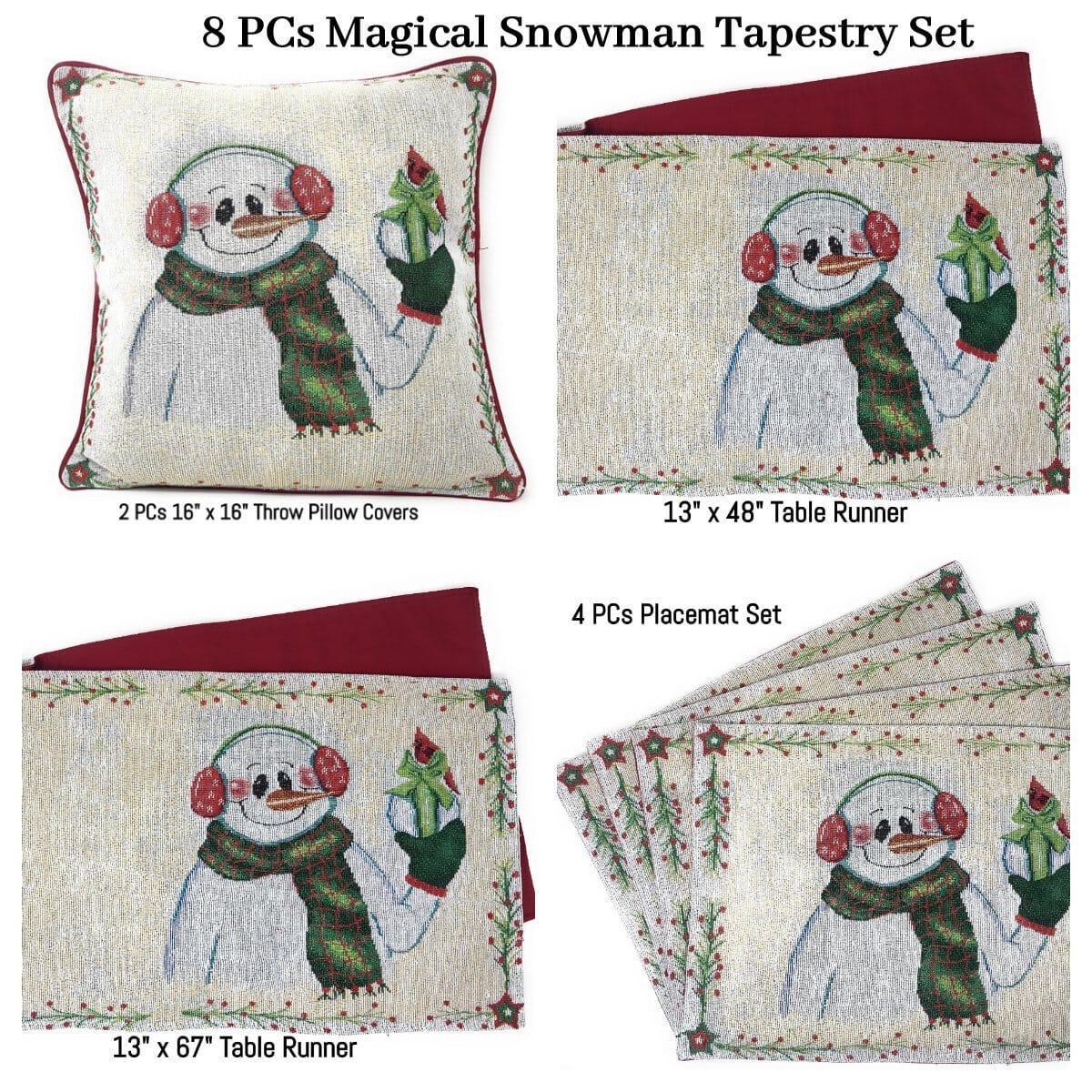 DaDa Bedding Set of 8 Pieces Magical Snowman Holiday Table Tapestry - 4 Placemats, 2 Table Runners, 2 Throw Pillow Covers (9733) DaDalogy Bedding Collection
