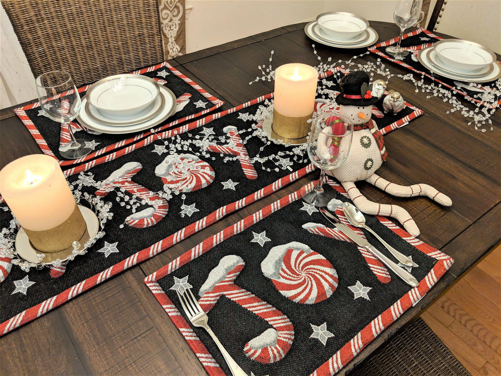 DaDa Bedding Set of 8 Pieces Peppermint Joy Holiday Table Tapestry - 4 Placemats, 2 Table Runners, 2 Throw Pillow Covers (12904) DaDalogy Bedding Collection