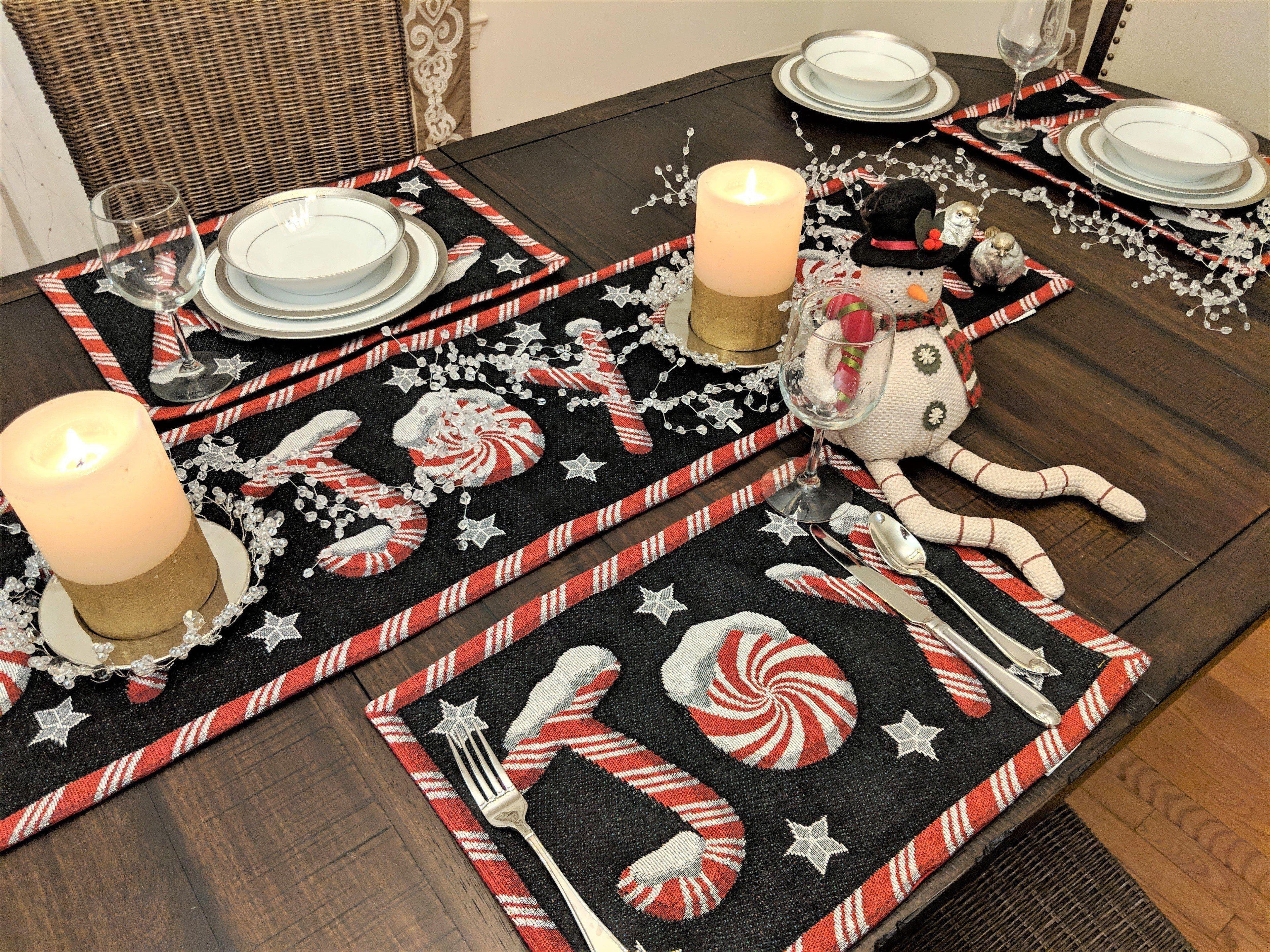DaDa Bedding Set of 8 Pieces Peppermint Joy Holiday Table Tapestry - 4 Placemats, 2 Table Runners, 2 Throw Pillow Covers (12904) DaDalogy Bedding Collection
