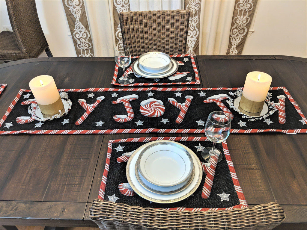 DaDa Bedding Set of 8 Pieces Peppermint Joy Holiday Table Tapestry - 4 Placemats, 2 Table Runners, 2 Throw Pillow Covers (12904) DaDalogy Bedding Collection
