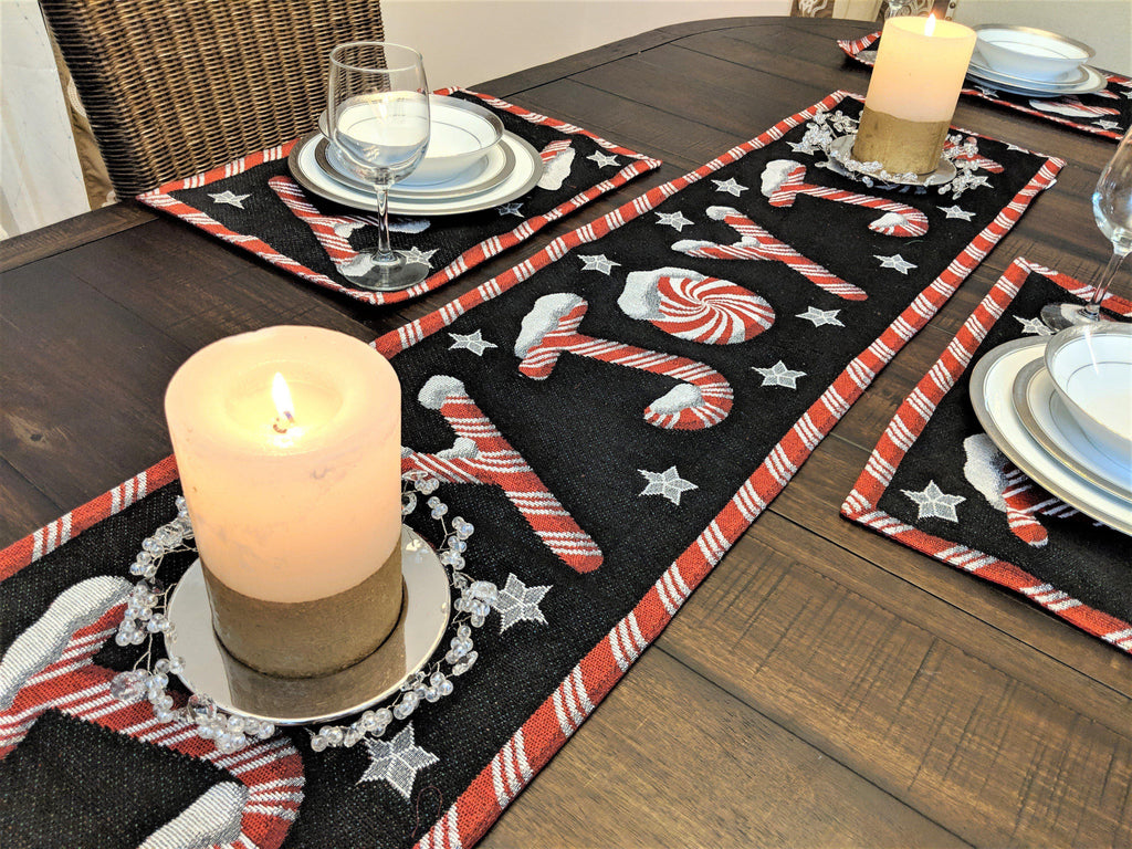 DaDa Bedding Set of 8 Pieces Peppermint Joy Holiday Table Tapestry - 4 Placemats, 2 Table Runners, 2 Throw Pillow Covers (12904) DaDalogy Bedding Collection