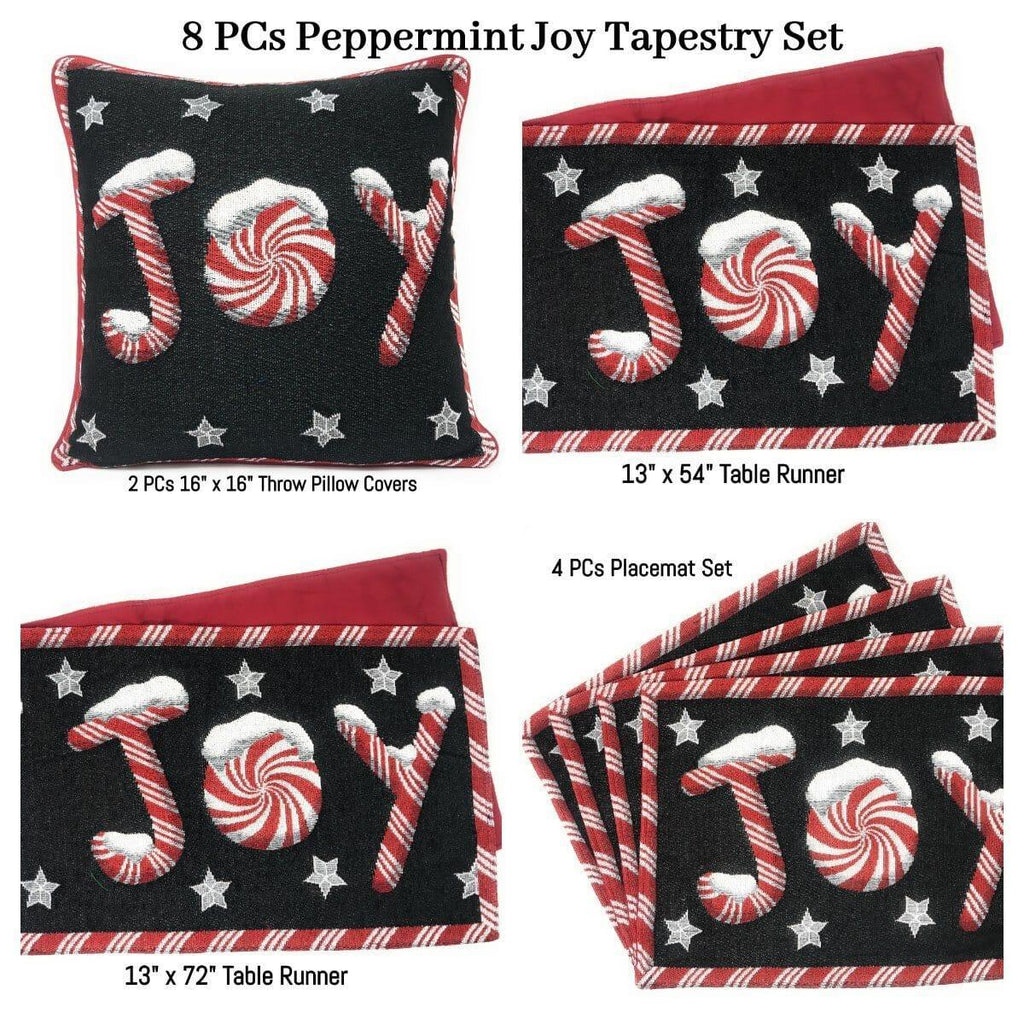 DaDa Bedding Set of 8 Pieces Peppermint Joy Holiday Table Tapestry - 4 Placemats, 2 Table Runners, 2 Throw Pillow Covers (12904) DaDalogy Bedding Collection