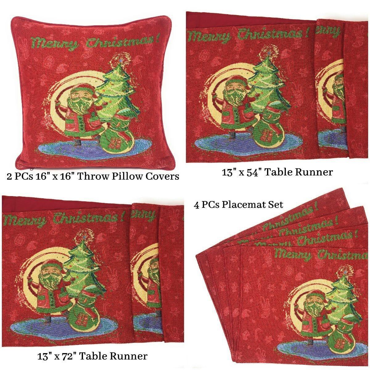 DaDa Bedding Set of 8 Pieces Red Santa Claus Holiday Table Tapestry - 4 Placemats, 2 Table Runners, 2 Throw Pillow Covers (17615) DaDalogy Bedding Collection
