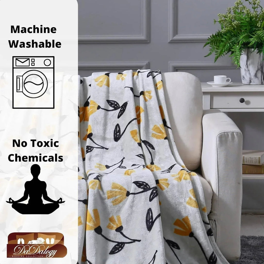DaDa Bedding Soft Lightweight Fleece Throw Blanket, Yellow Fleur Floral Golden Orange Silver/Grey Background (XY1011) DaDalogy Bedding Collection