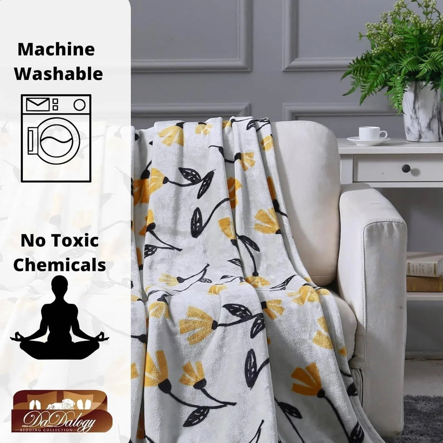 DaDa Bedding Soft Lightweight Fleece Throw Blanket, Yellow Fleur Floral Golden Orange Silver/Grey Background (XY1011) DaDalogy Bedding Collection