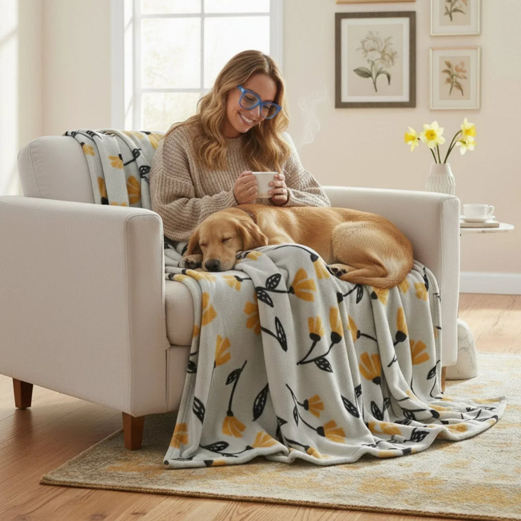 DaDa Bedding Soft Lightweight Fleece Throw Blanket, Yellow Fleur Floral Golden Orange Silver/Grey Background (XY1011) DaDalogy Bedding Collection