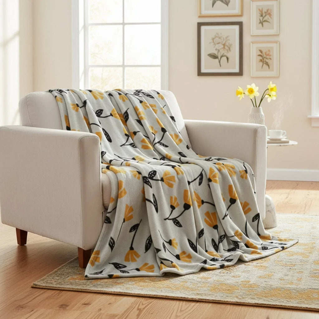 DaDa Bedding Soft Lightweight Fleece Throw Blanket, Yellow Fleur Floral Golden Orange Silver/Grey Background (XY1011) DaDalogy Bedding Collection