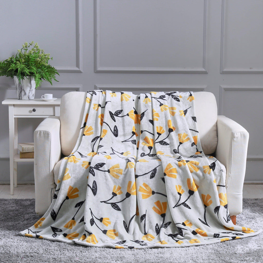 DaDa Bedding Soft Lightweight Fleece Throw Blanket, Yellow Fleur Floral Golden Orange Silver/Grey Background (XY1011) DaDalogy Bedding Collection