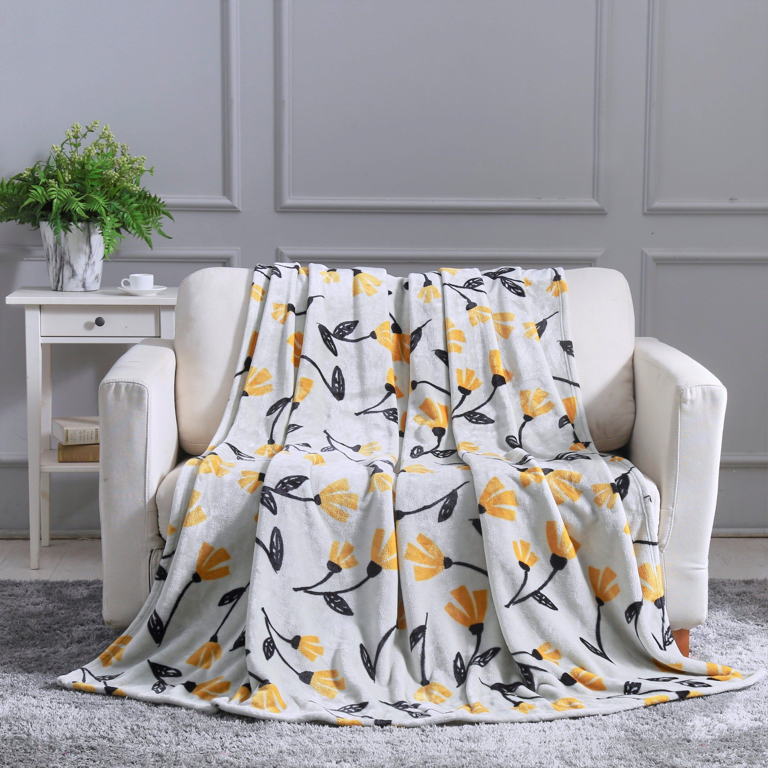 DaDa Bedding Soft Lightweight Fleece Throw Blanket, Yellow Fleur Floral Golden Orange Silver/Grey Background (XY1011) DaDalogy Bedding Collection