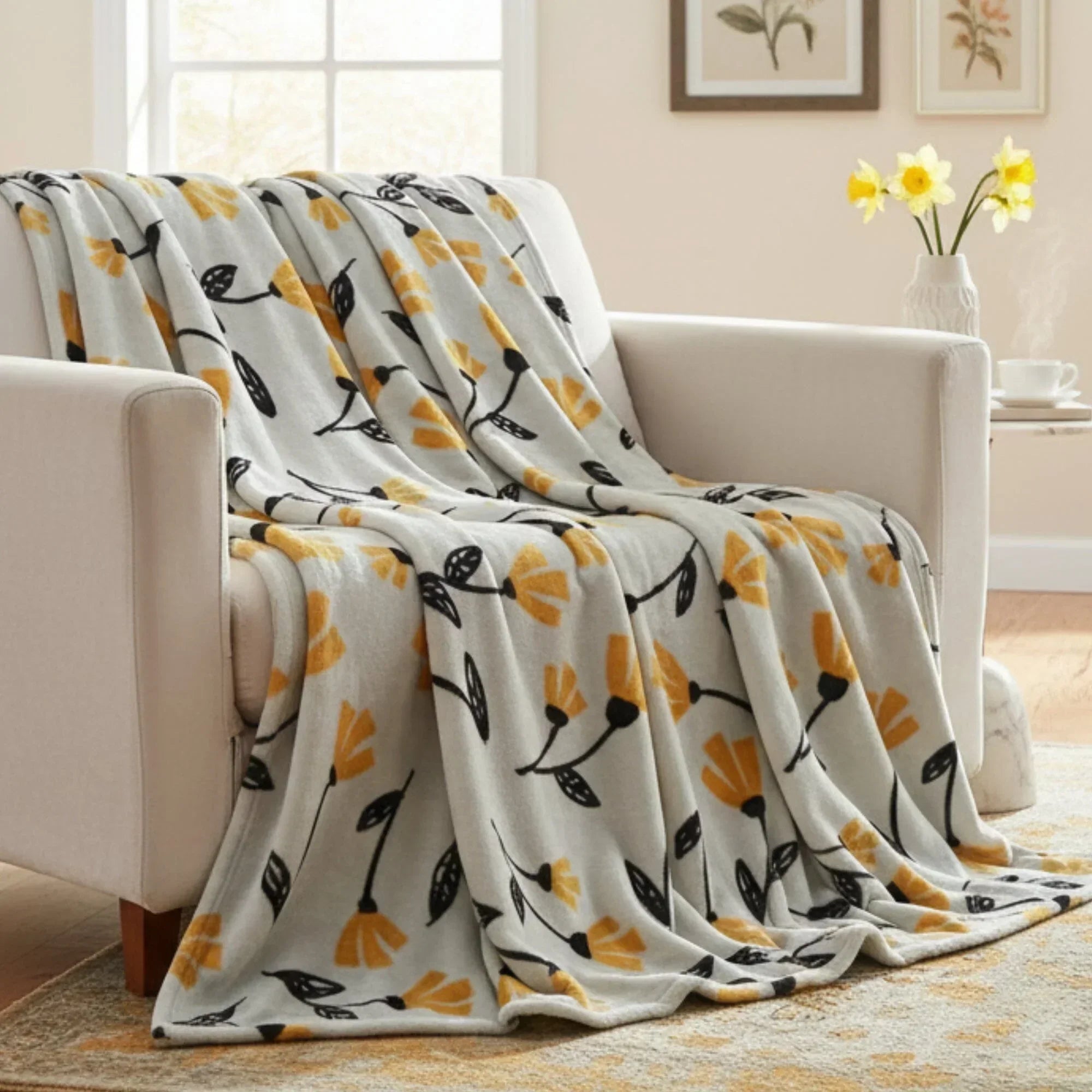 DaDa Bedding Soft Lightweight Fleece Throw Blanket, Yellow Fleur Floral Golden Orange Silver/Grey Background (XY1011) DaDalogy Bedding Collection