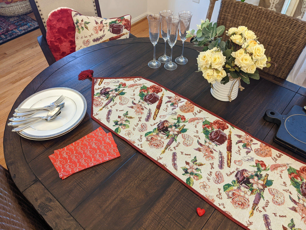 DaDa Bedding Sweet Heart Love Notes Pink Floral Woven Tapestry Dining Table Runner (18273) DaDalogy Bedding Collection