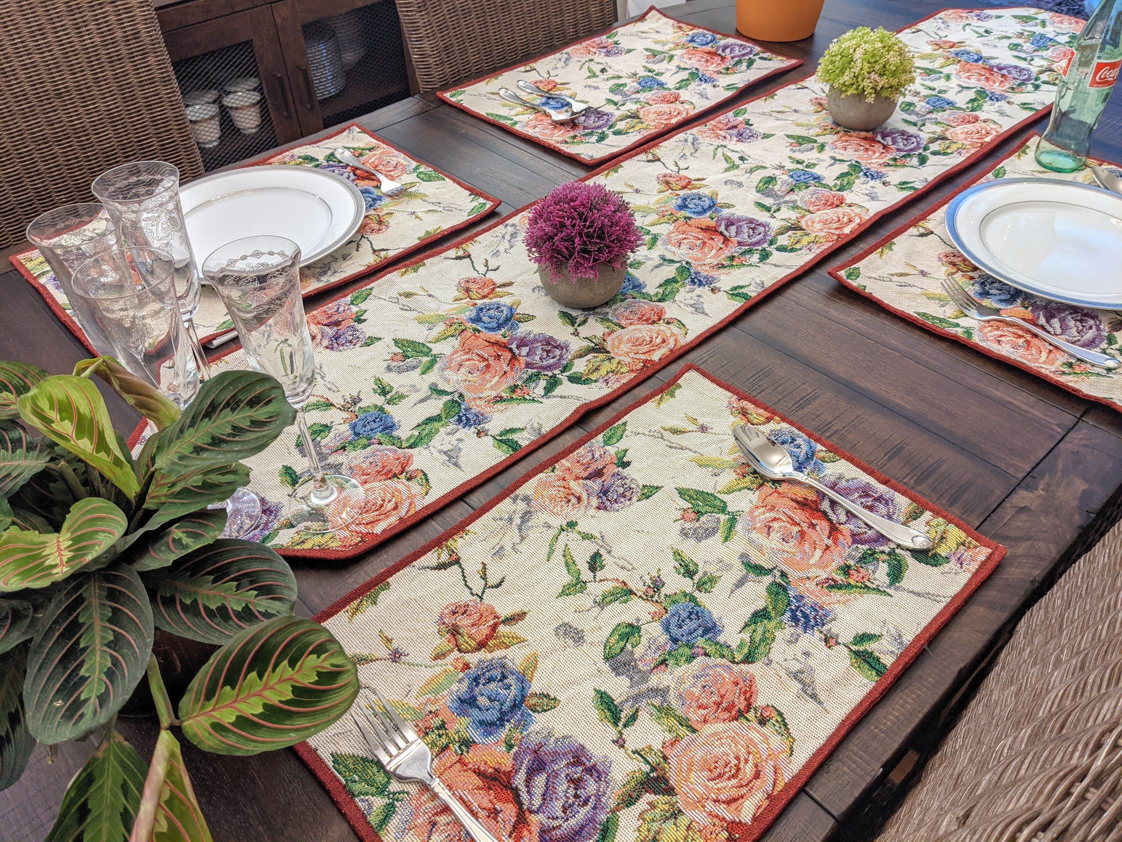 DaDa Bedding Vintage Romantic Roses Lovely Pink Floral Woven Tapestry Dining Table Runner (879) DaDalogy Bedding Collection