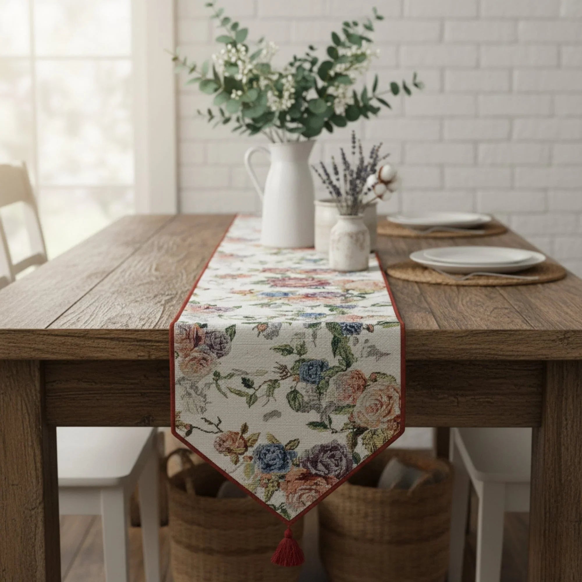 DaDa Bedding Vintage Romantic Roses Lovely Pink Floral Woven Tapestry Dining Table Runner (879) DaDalogy Bedding Collection