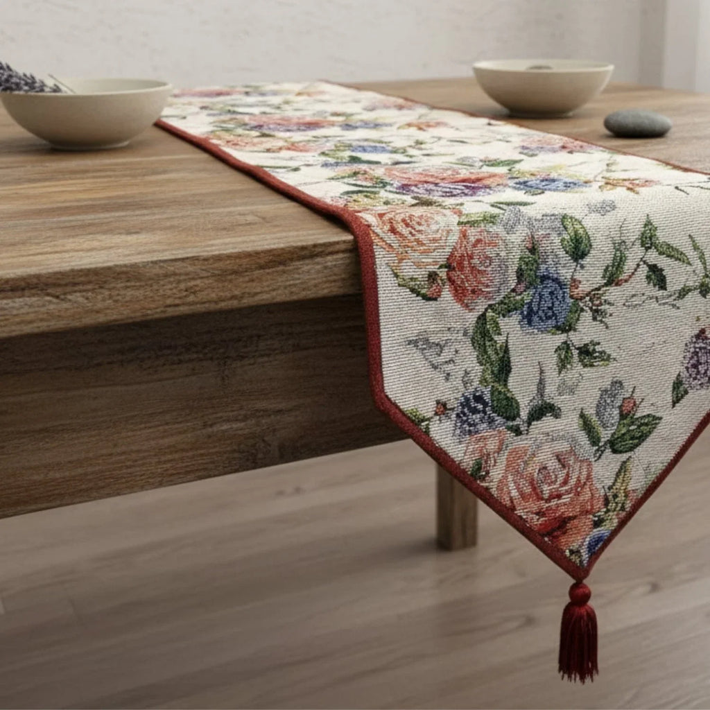 DaDa Bedding Vintage Romantic Roses Lovely Pink Floral Woven Tapestry Dining Table Runner (879) DaDalogy Bedding Collection