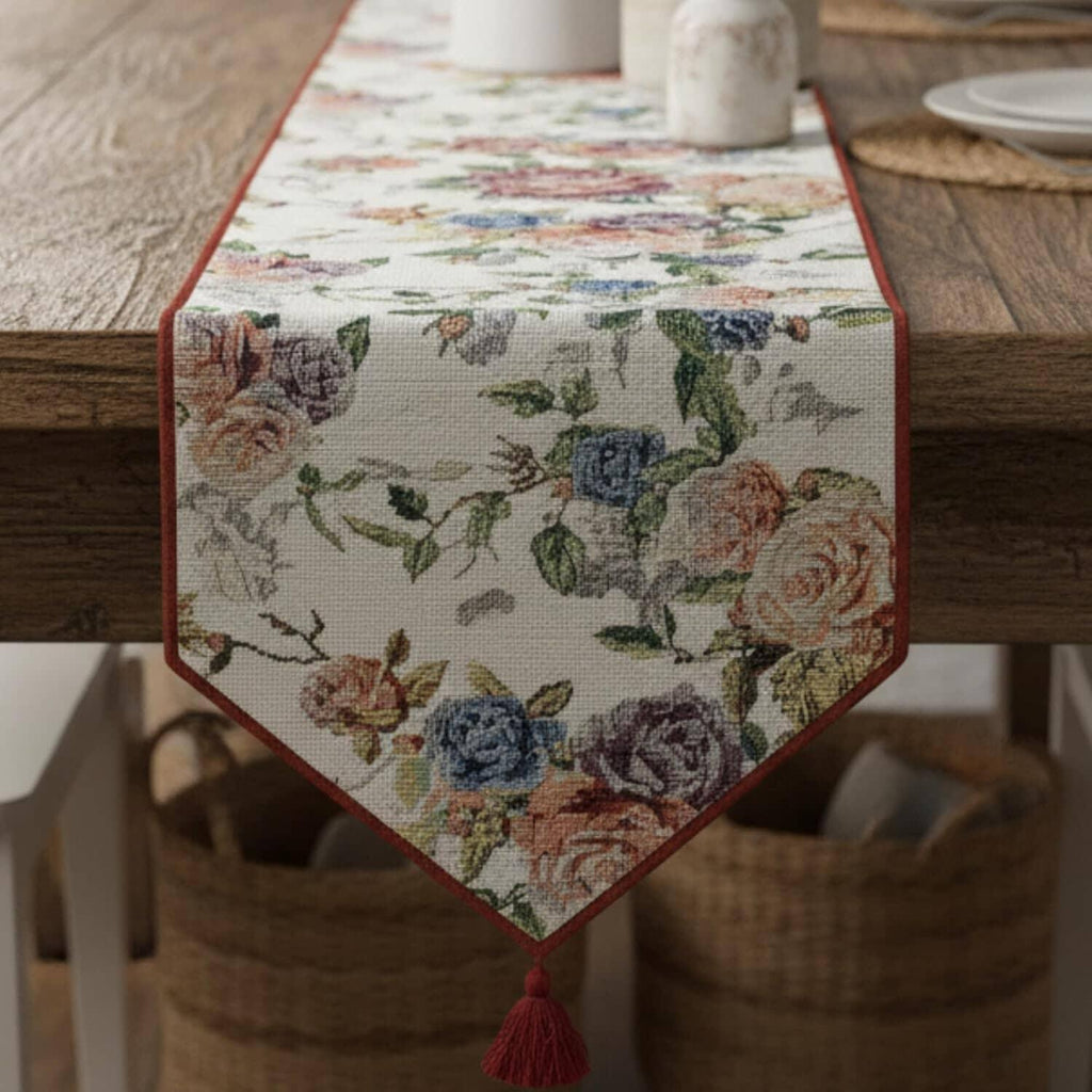 DaDa Bedding Vintage Romantic Roses Lovely Pink Floral Woven Tapestry Dining Table Runner (879) DaDalogy Bedding Collection