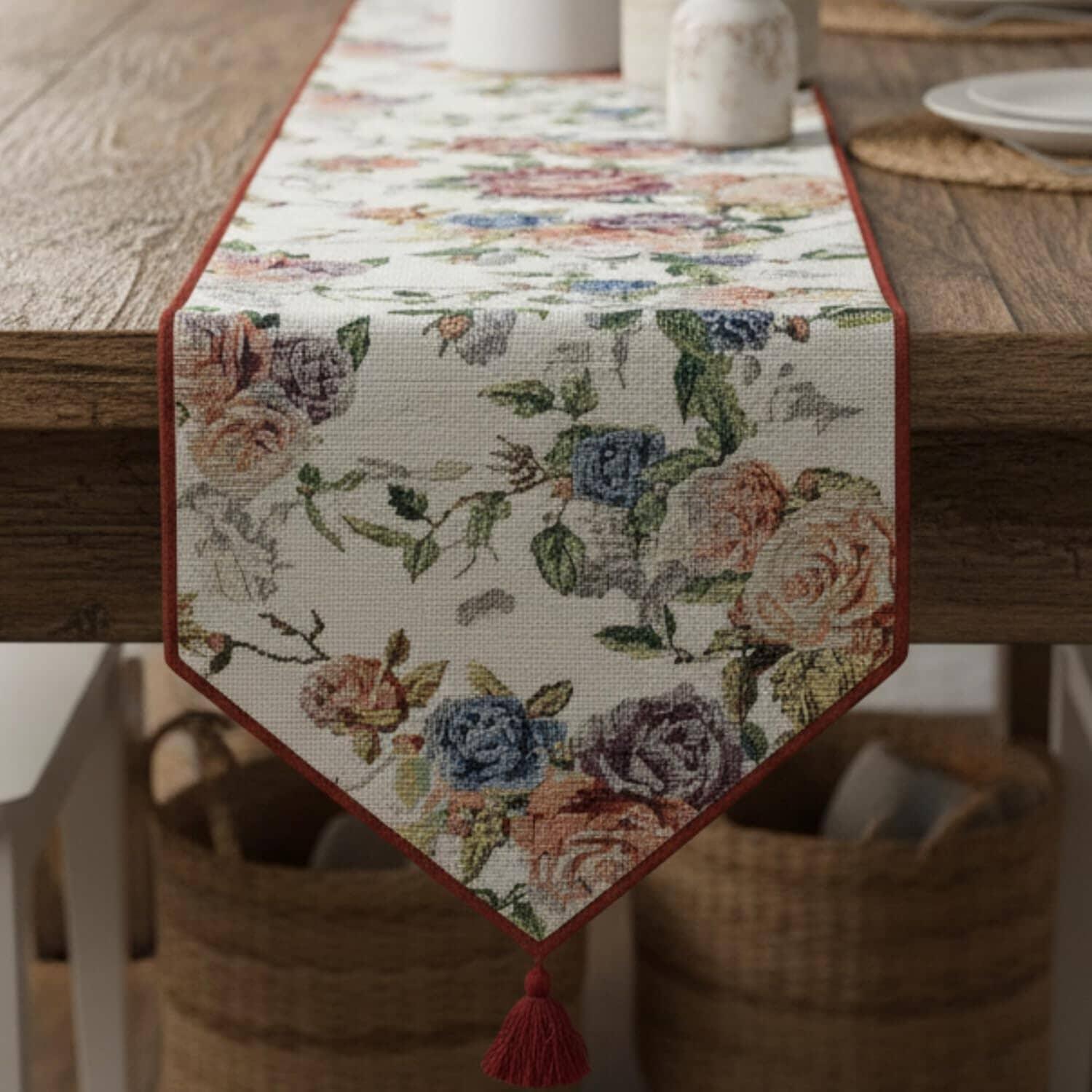 DaDa Bedding Vintage Romantic Roses Lovely Pink Floral Woven Tapestry Dining Table Runner (879) DaDalogy Bedding Collection