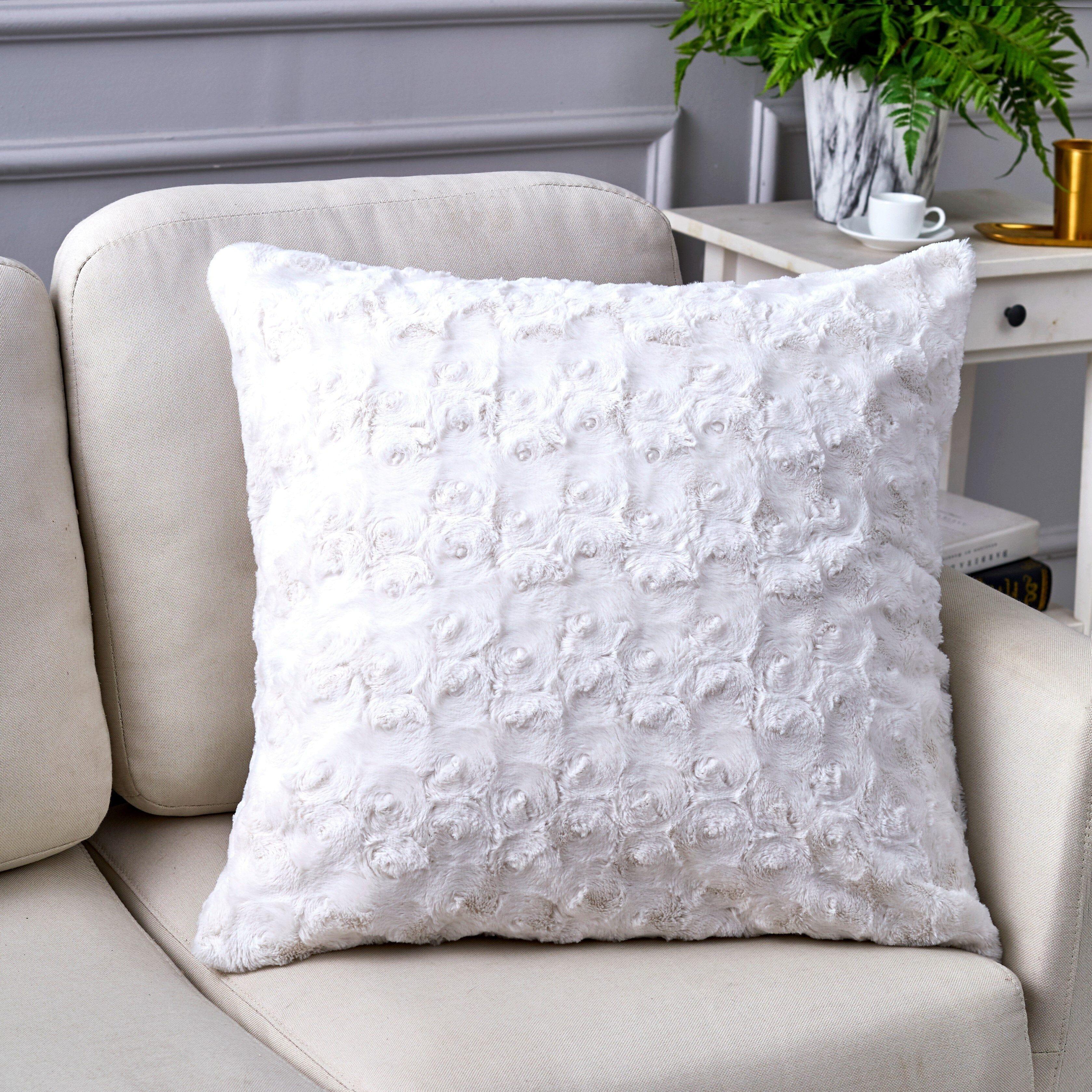 DaDa Bedding Luxury White Roses Swirls Faux Fur Euro Cushion Throw Pillow Cover (K11) DaDalogy Bedding Collection