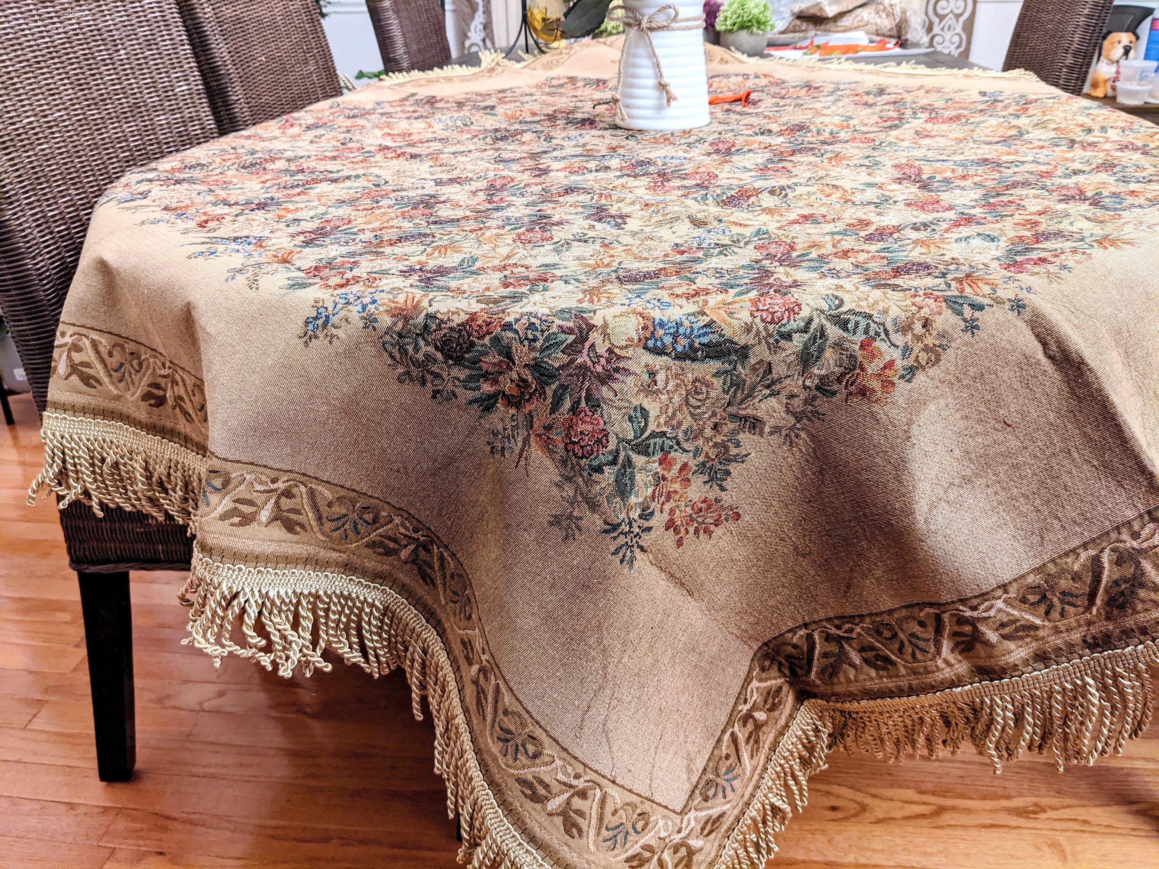 DaDa Bedding Wildflower Wonderland Floral Golden Beige Tan Square Dining Table Cloth (3100) DaDalogy Bedding Collection
