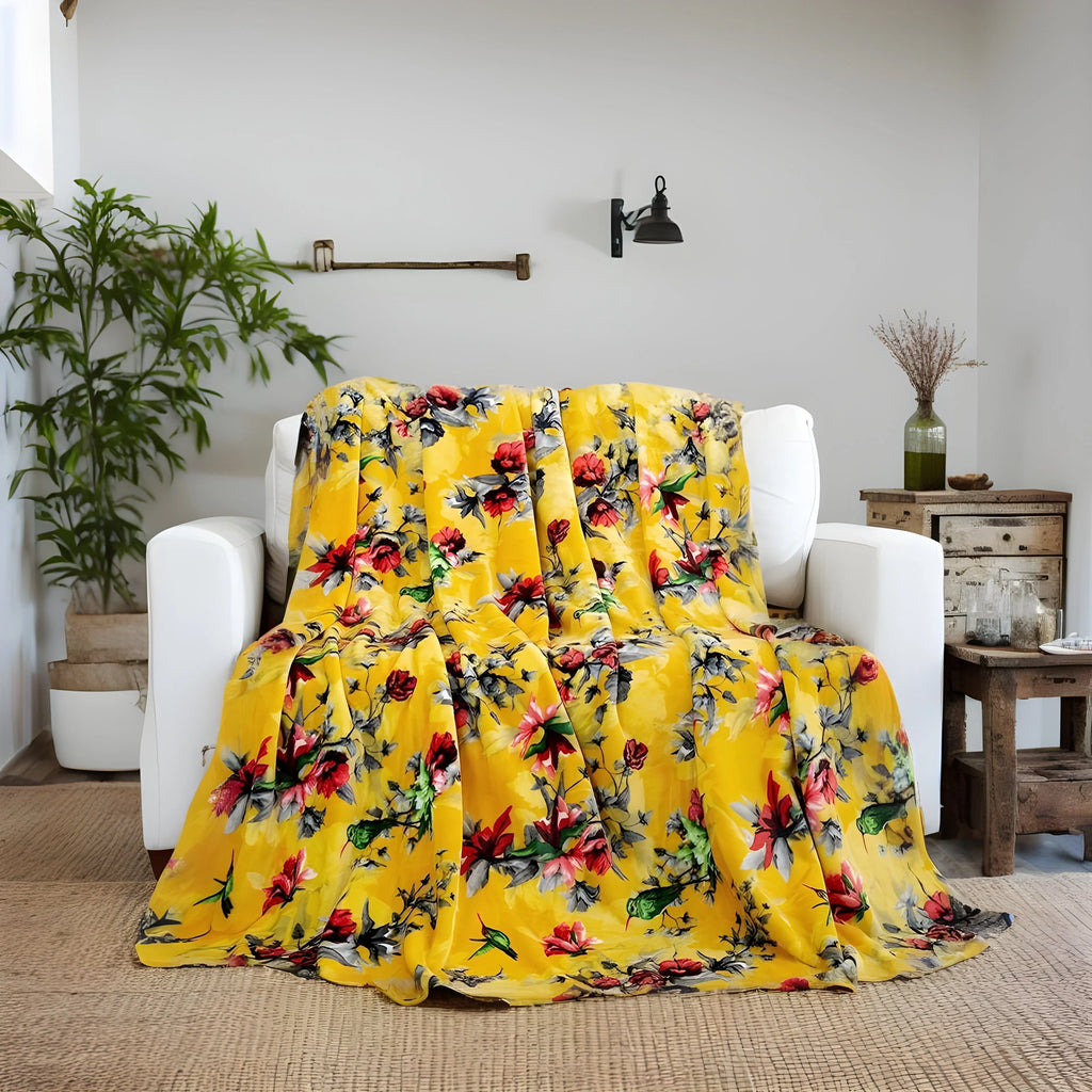 DaDa Bedding Yellow Farmhouse Rustic Spring Floral Hummingbirds Soft Fleece Throw Blanket (925) DaDalogy Bedding Collection