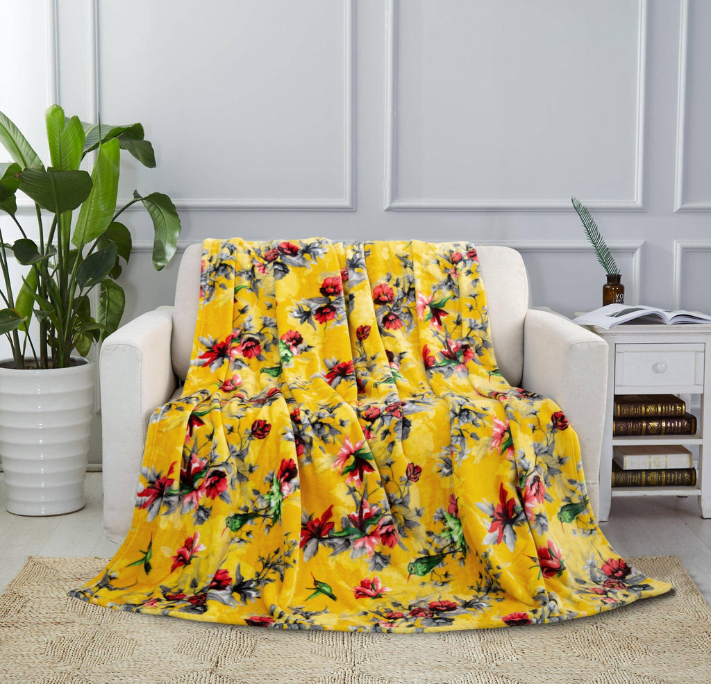 DaDa Bedding Yellow Farmhouse Rustic Spring Floral Hummingbirds Soft Fleece Throw Blanket (925) DaDalogy Bedding Collection