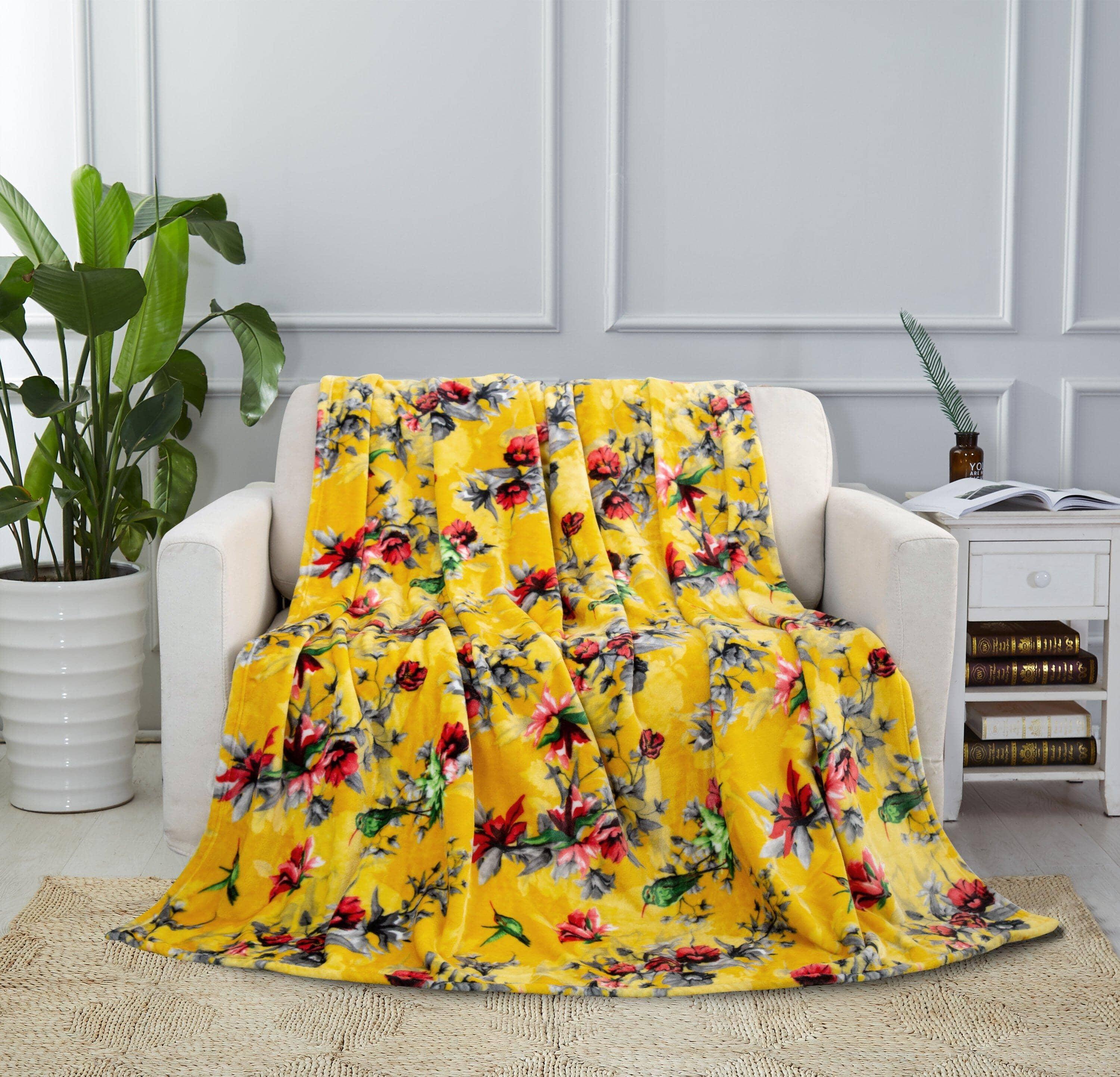 DaDa Bedding Yellow Farmhouse Rustic Spring Floral Hummingbirds Soft Fleece Throw Blanket (925) DaDalogy Bedding Collection