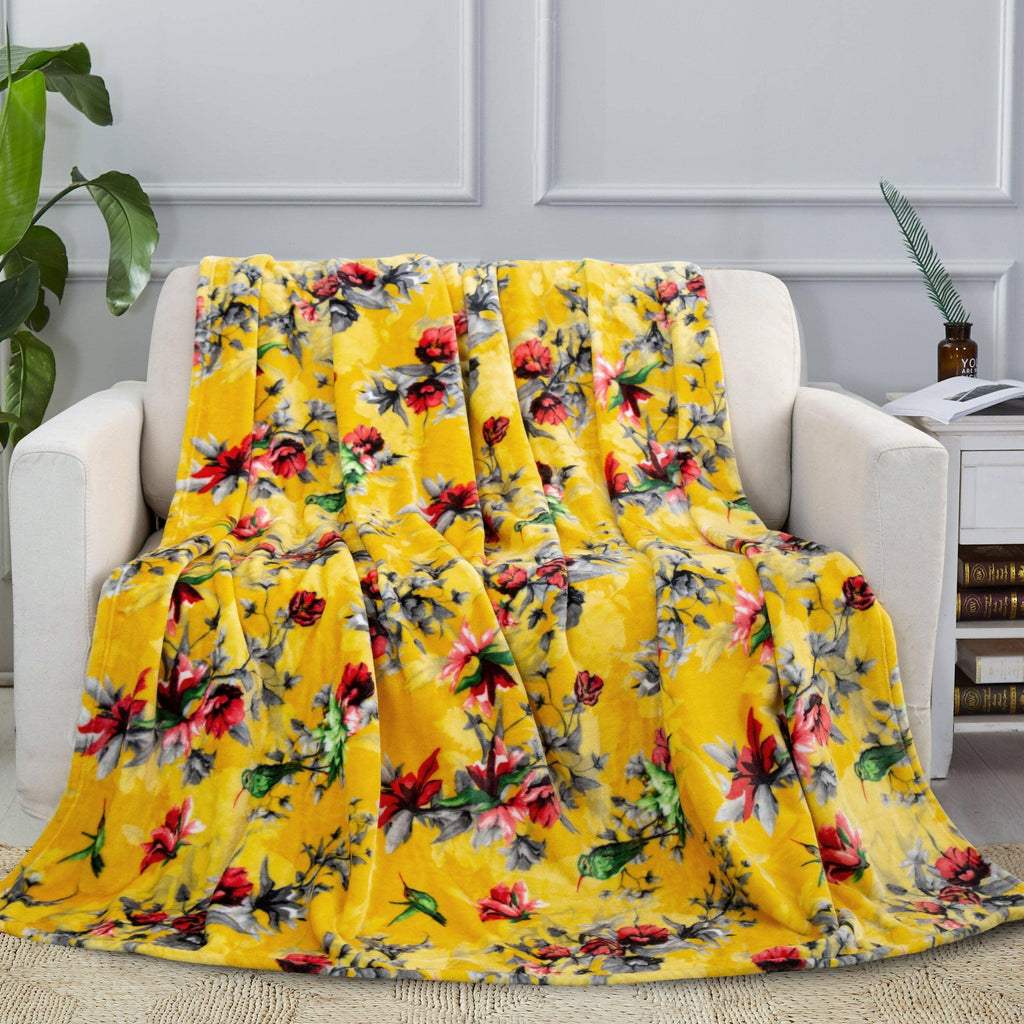 DaDa Bedding Yellow Farmhouse Rustic Spring Floral Hummingbirds Soft Fleece Throw Blanket (925) DaDalogy Bedding Collection