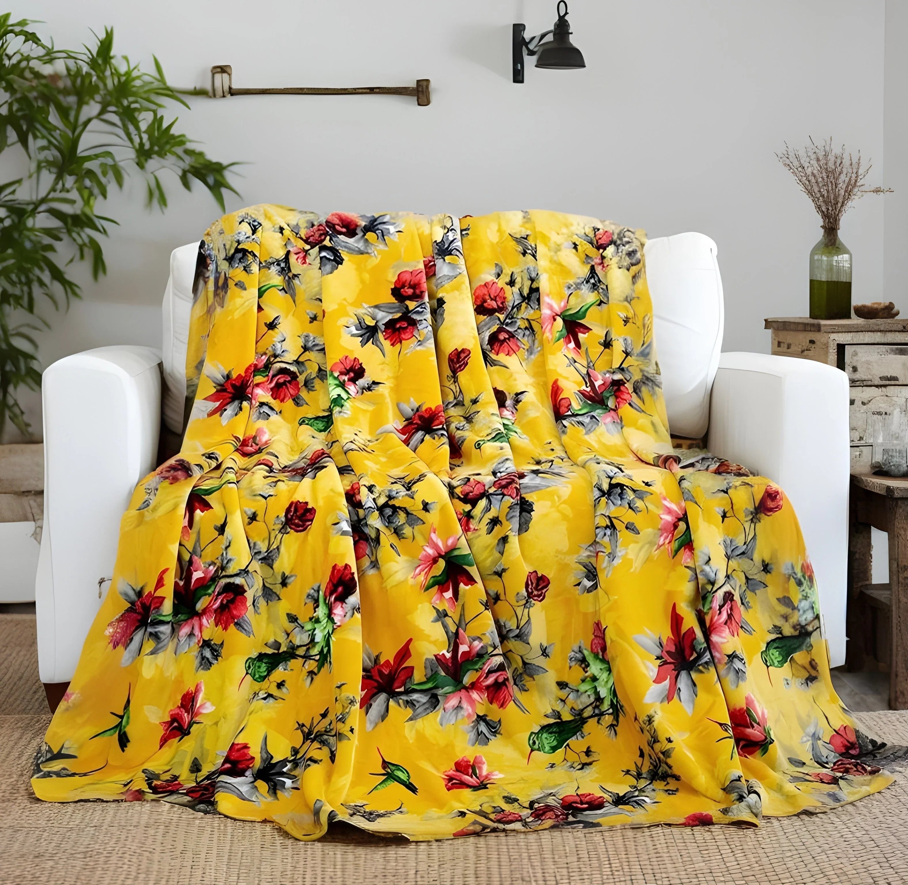 DaDa Bedding Yellow Farmhouse Rustic Spring Floral Hummingbirds Soft Fleece Throw Blanket (925) DaDalogy Bedding Collection
